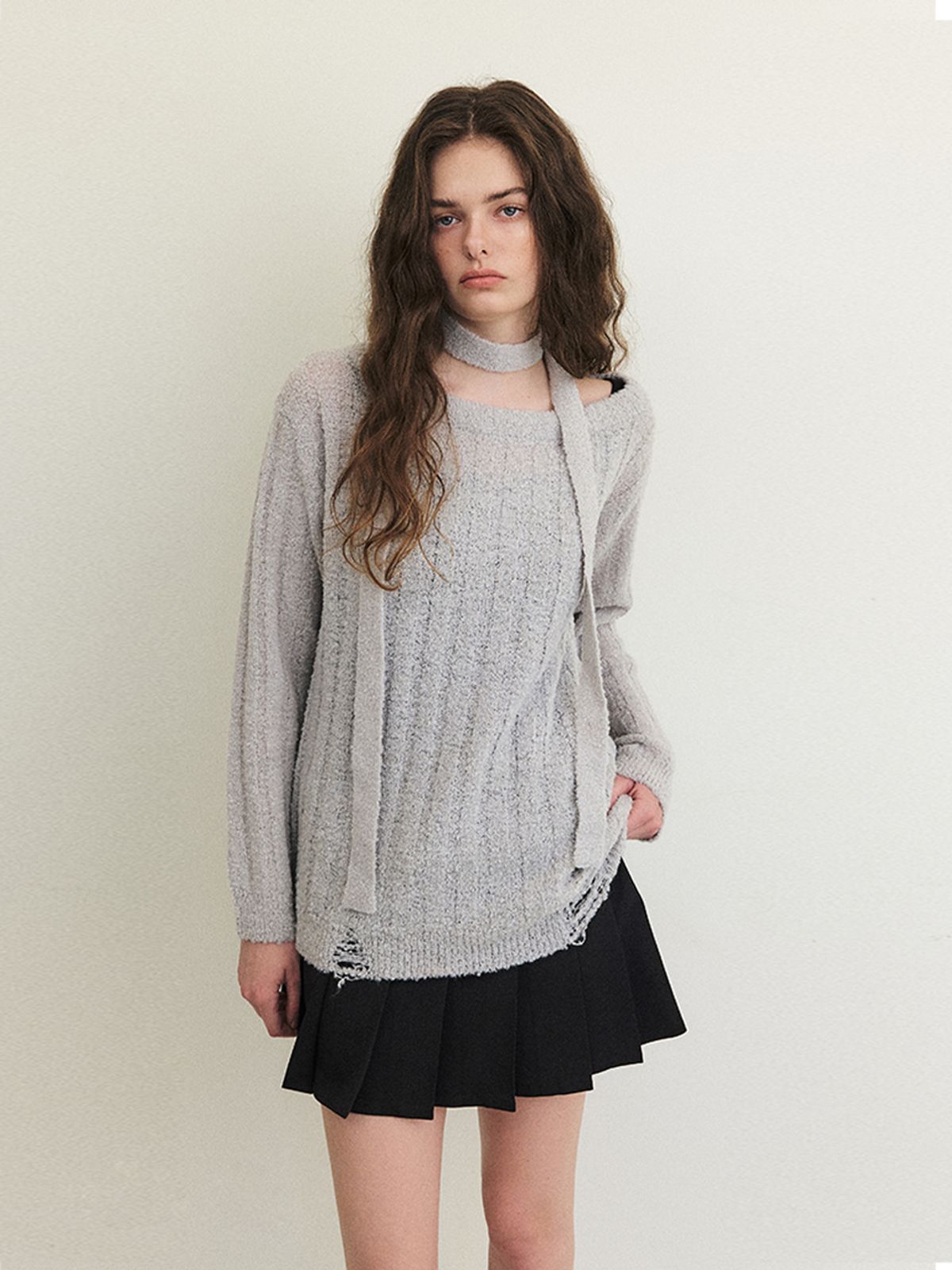 에트몽(ETMON) Damaged Boucle Scarf Knit, Light Grey