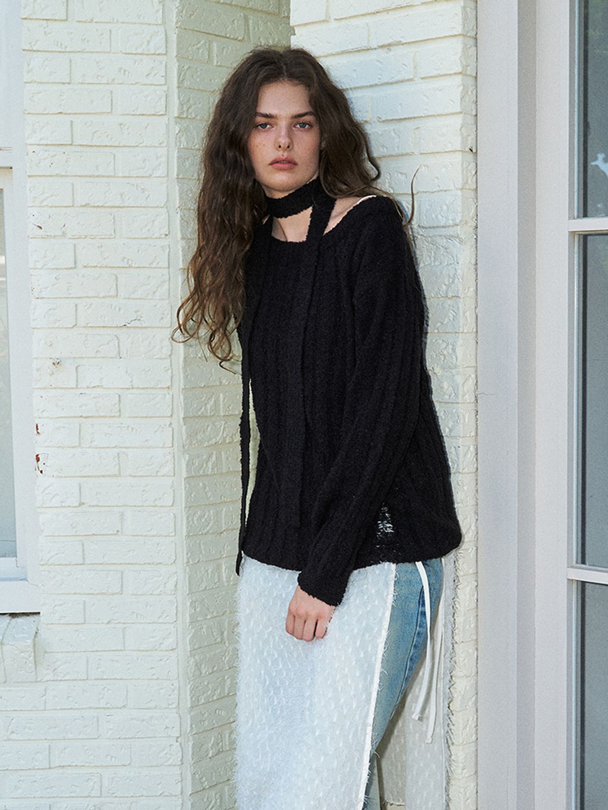 에트몽(ETMON) Damaged Boucle Scarf Knit, Black