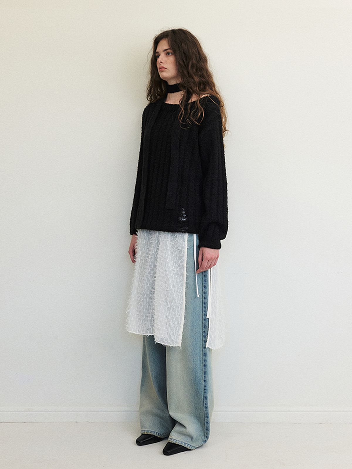 에트몽(ETMON) Damaged Boucle Scarf Knit, Black
