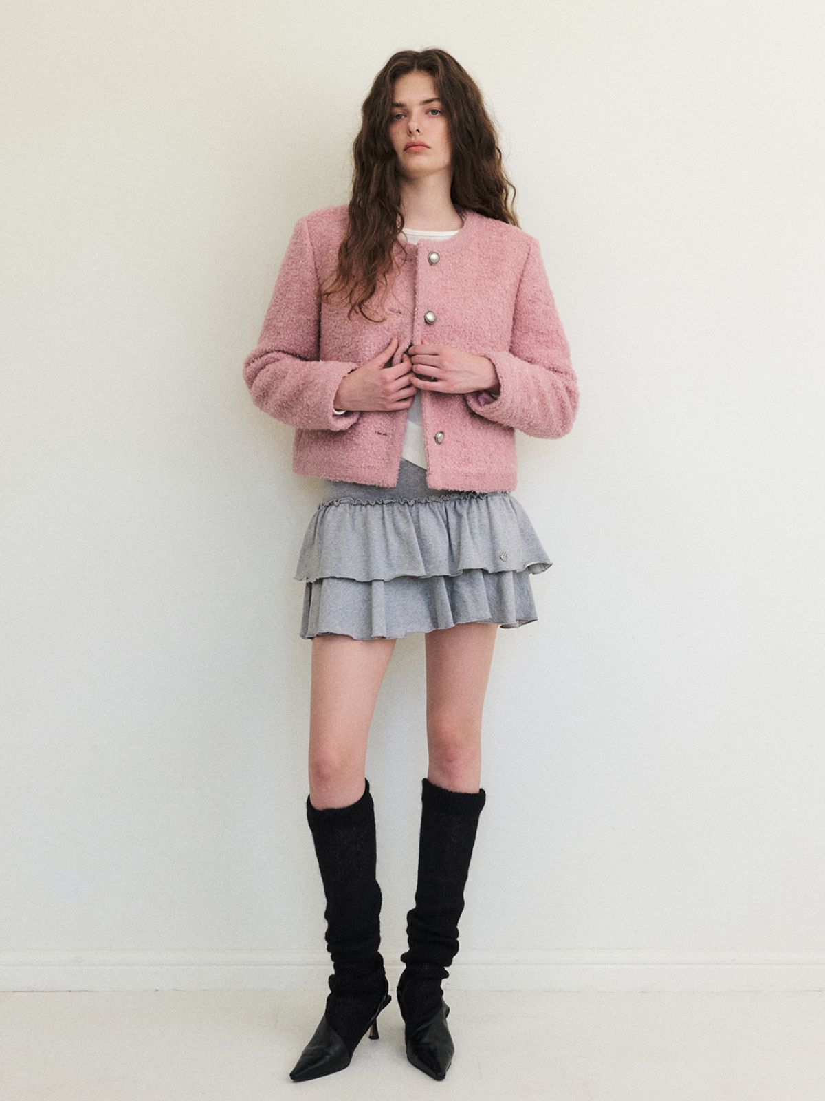 에트몽(ETMON) Trimmed Tweed Fur Jacket, Dust Pink