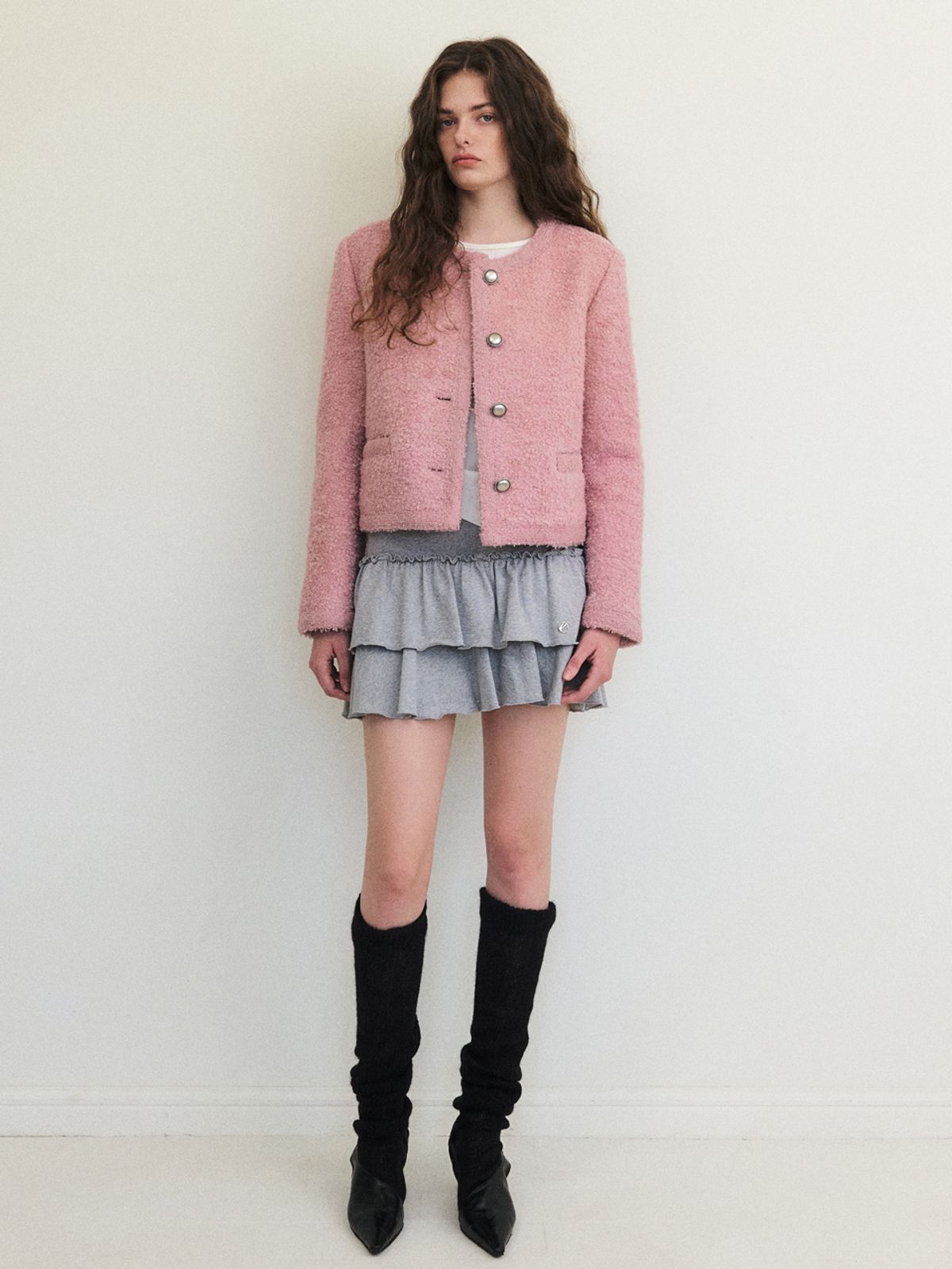 에트몽(ETMON) Trimmed Tweed Fur Jacket, Dust Pink