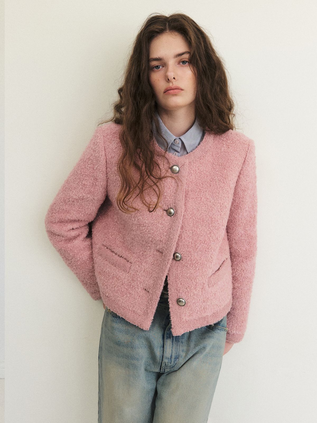 에트몽(ETMON) Trimmed Tweed Fur Jacket, Dust Pink