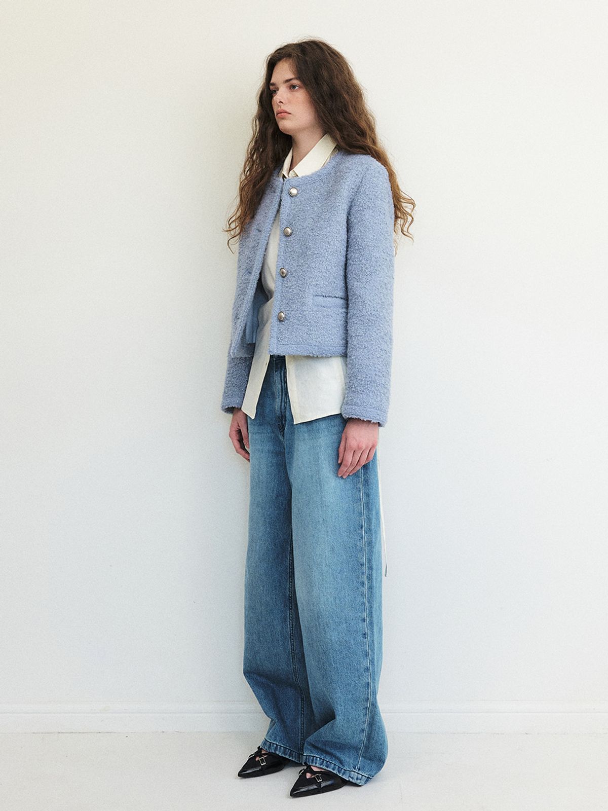 에트몽(ETMON) Trimmed Tweed Fur Jacket, Sky Blue