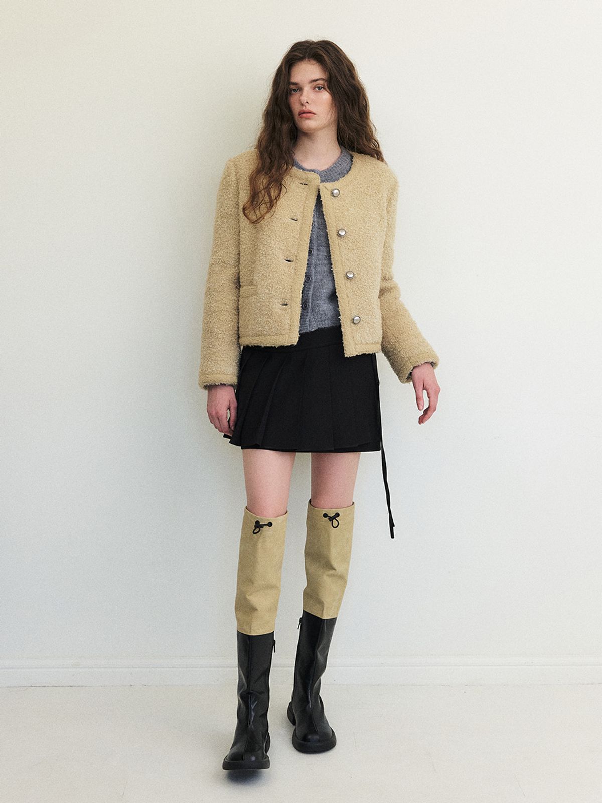 에트몽(ETMON) Trimmed Tweed Fur Jacket, Yellow Beige