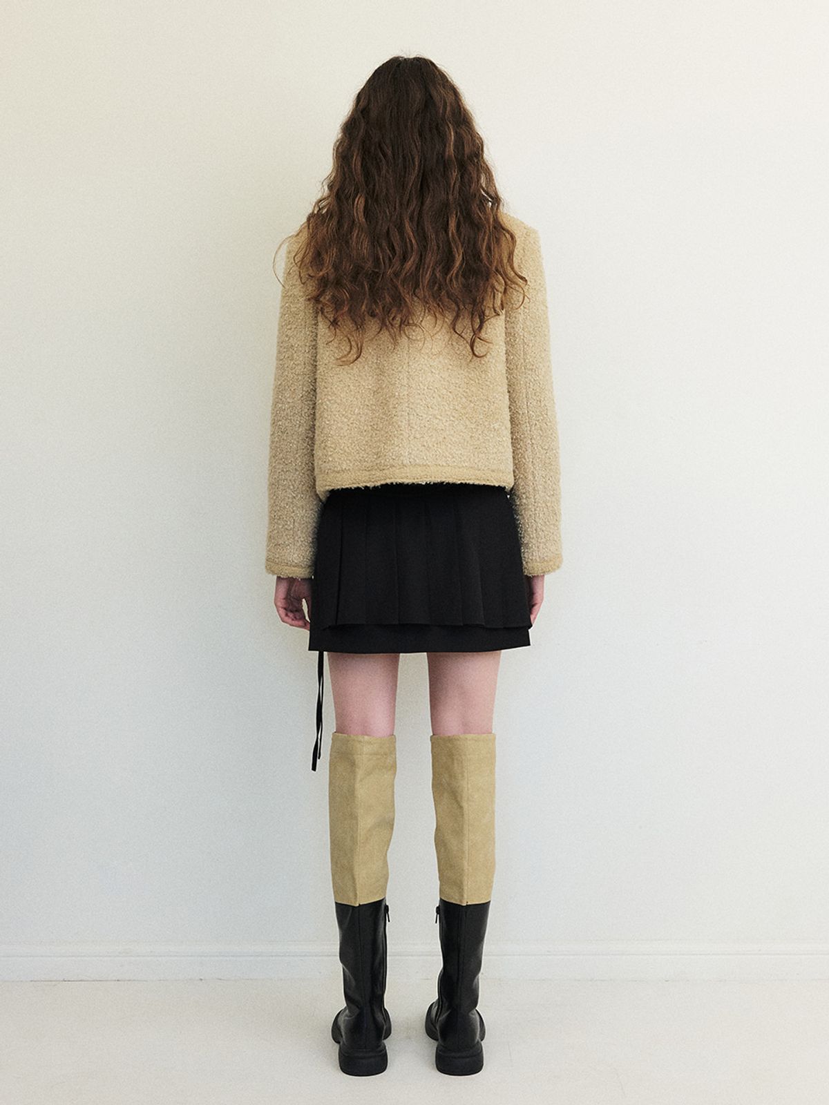 에트몽(ETMON) Trimmed Tweed Fur Jacket, Yellow Beige