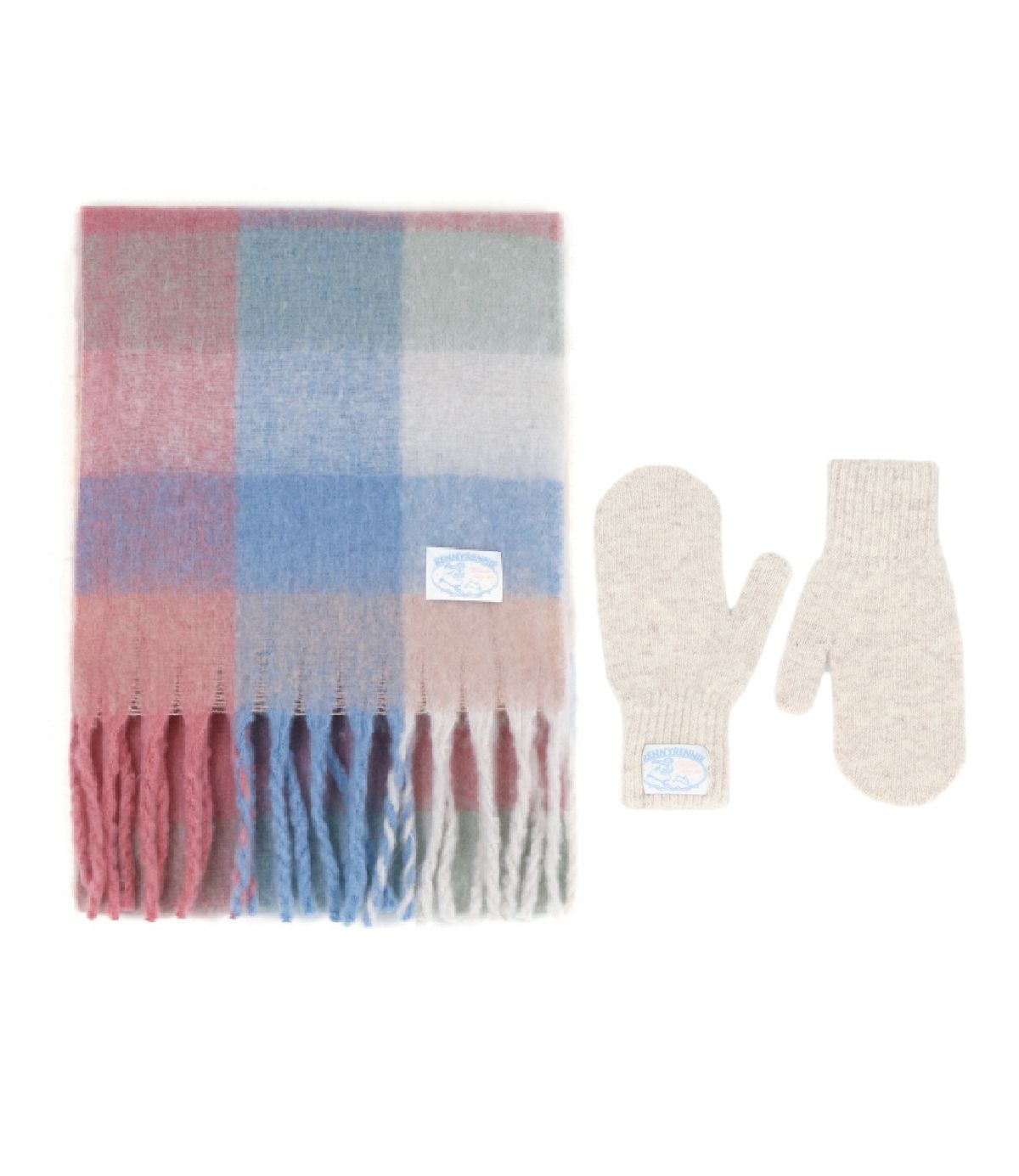 래니래니(RENNYRENNIE) [SET] FAIRY COTTON CHECK MUFFLER + ANGORA FLUFFY GLOVES - FAIRY 코튼 체크 머플러 + 앙고라 플러피 울 장갑