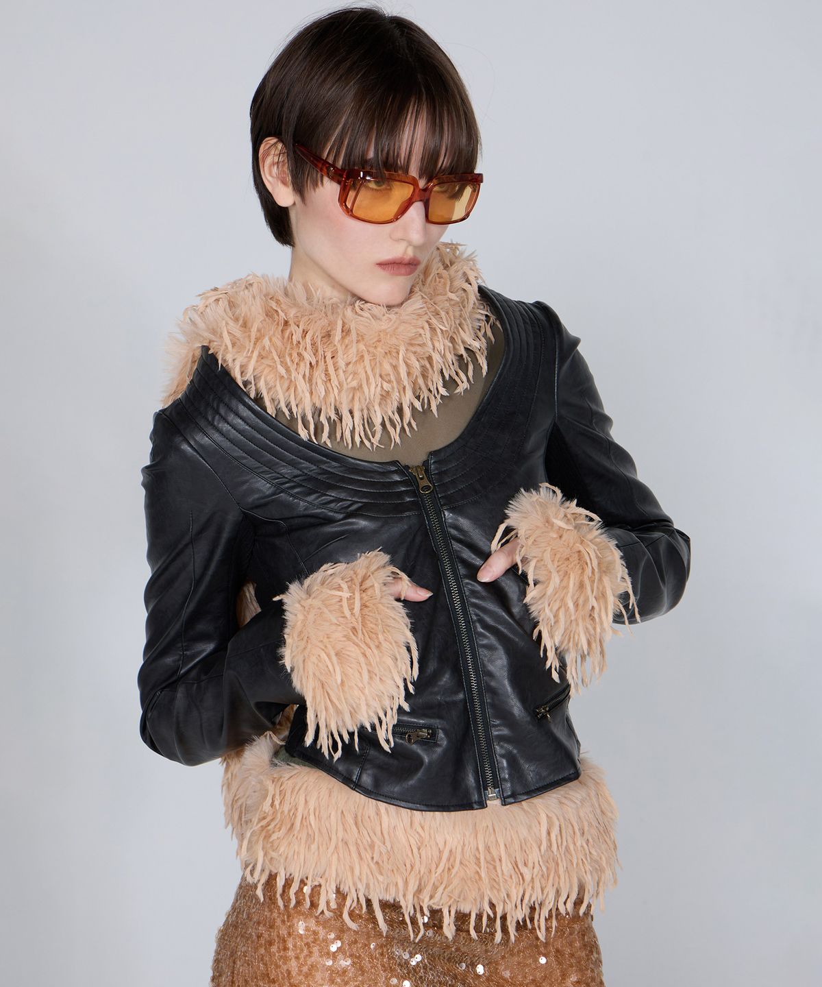 스컬프터(SCULPTOR) Portrait Neck Faux Leather Jacket Black
