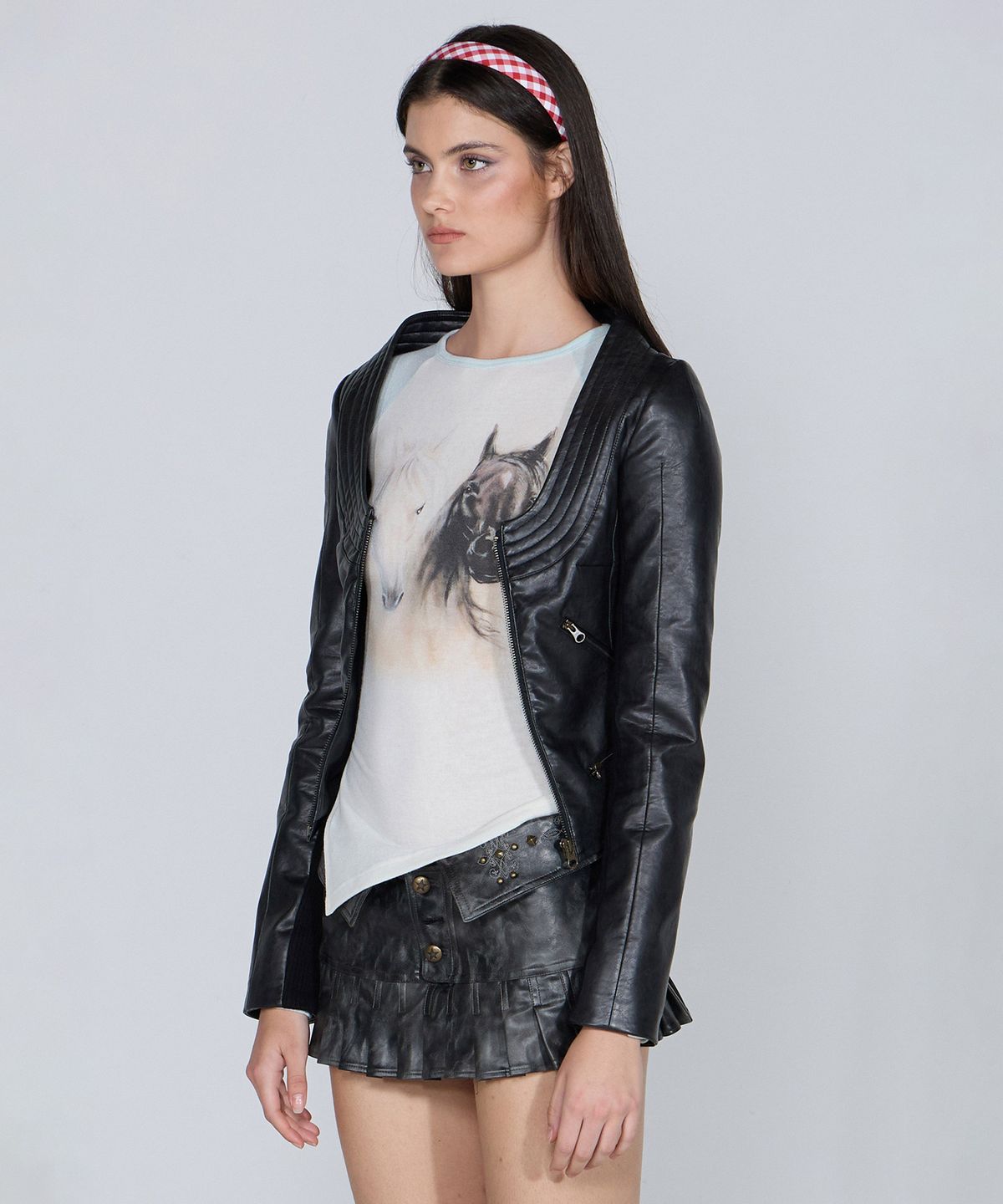 스컬프터(SCULPTOR) Portrait Neck Faux Leather Jacket Black