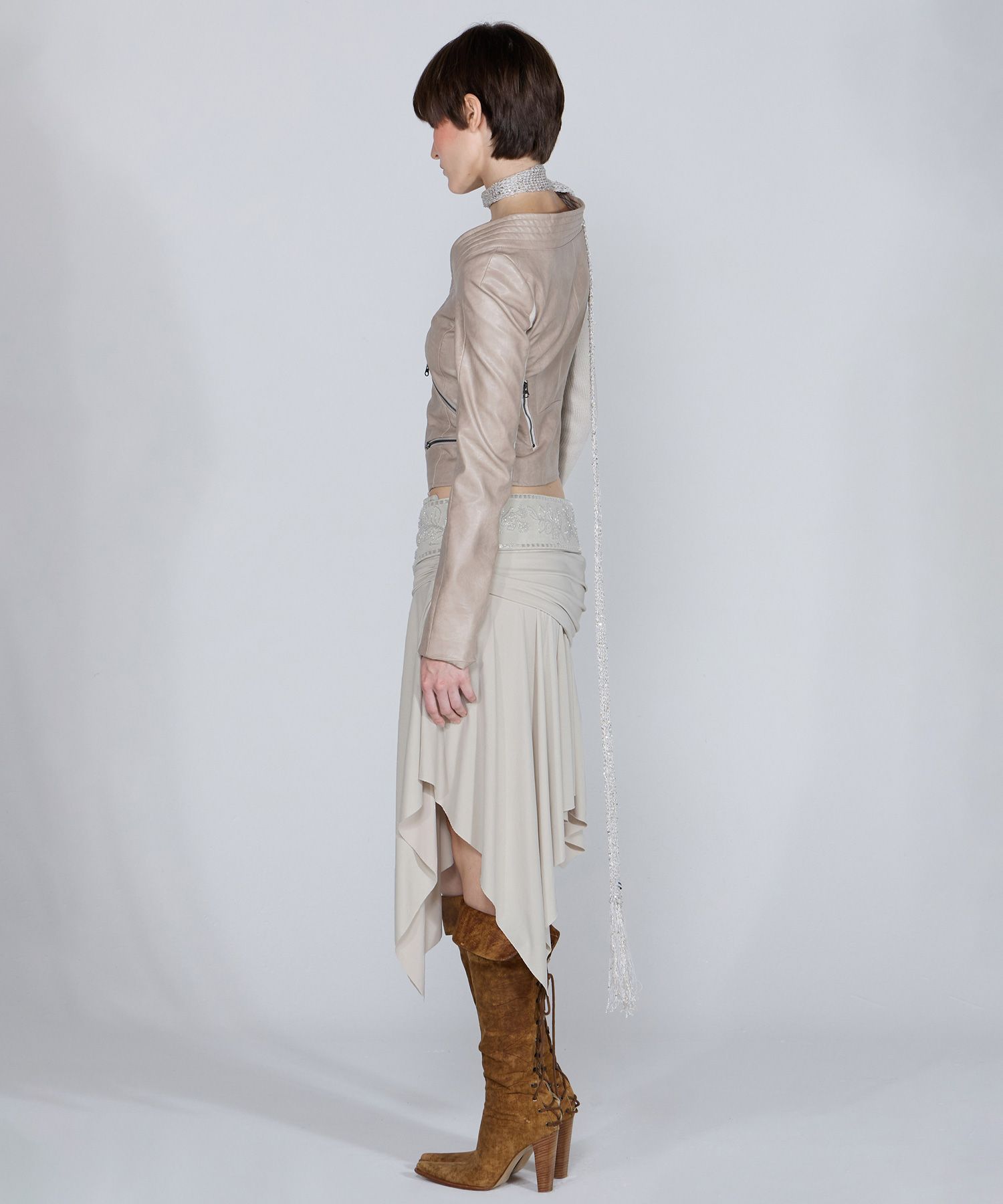 【SCULPTOR】Portrait Neck Faux Leather Jacket Taupe Portrait Neck Faux Leather Jacket Taupe – Sculptor