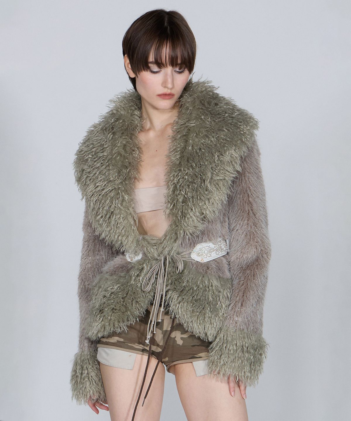 스컬프터(SCULPTOR) Beaded Faux Fur Robe Sage/Gray
