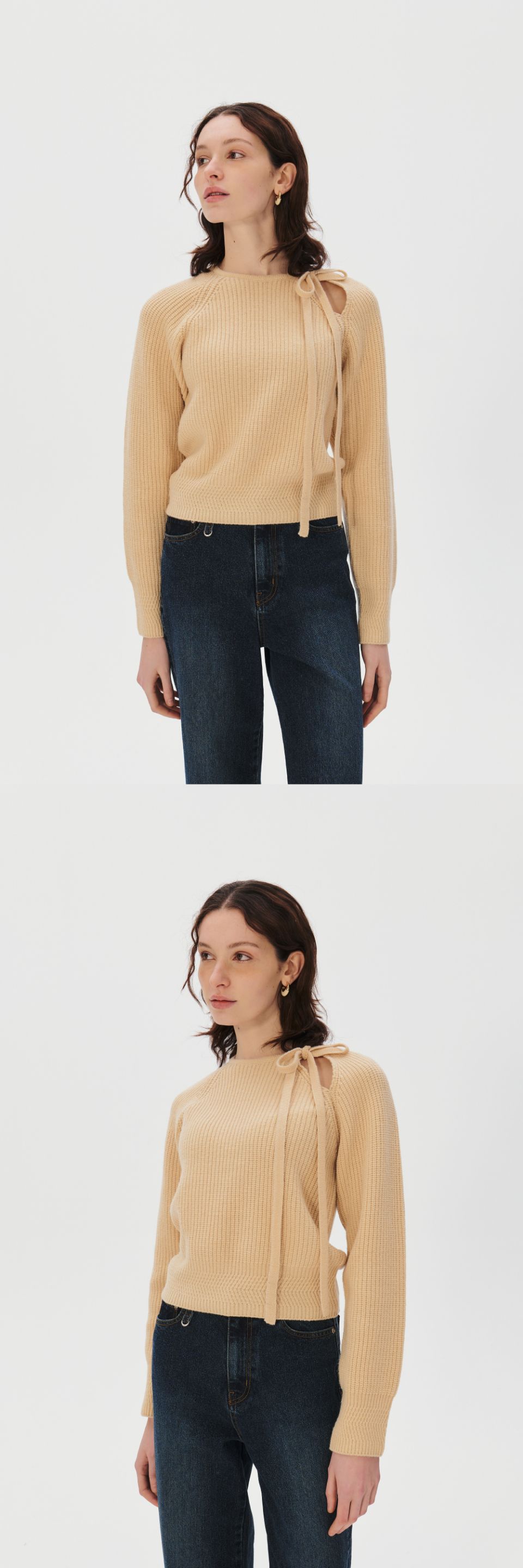 MUSINSA | KUMÉ Ribbon Tie Slit Merino Wool Sweater, Wax Yellow