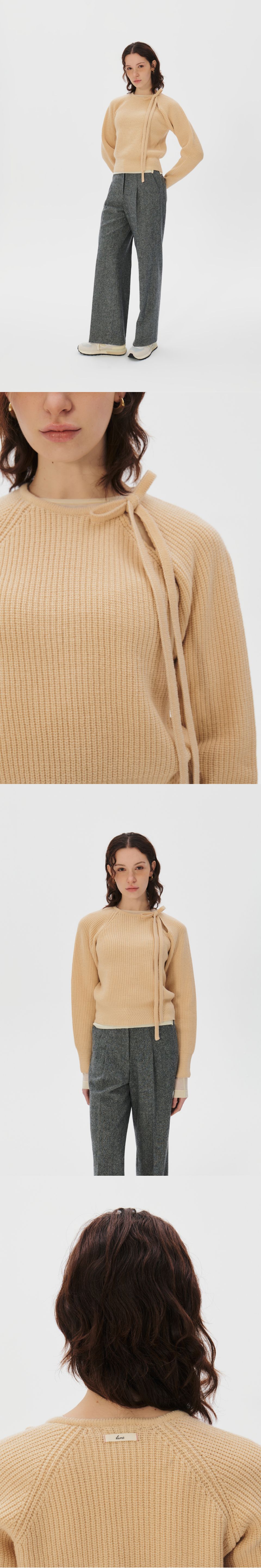 MUSINSA | KUMÉ Ribbon Tie Slit Merino Wool Sweater, Wax Yellow