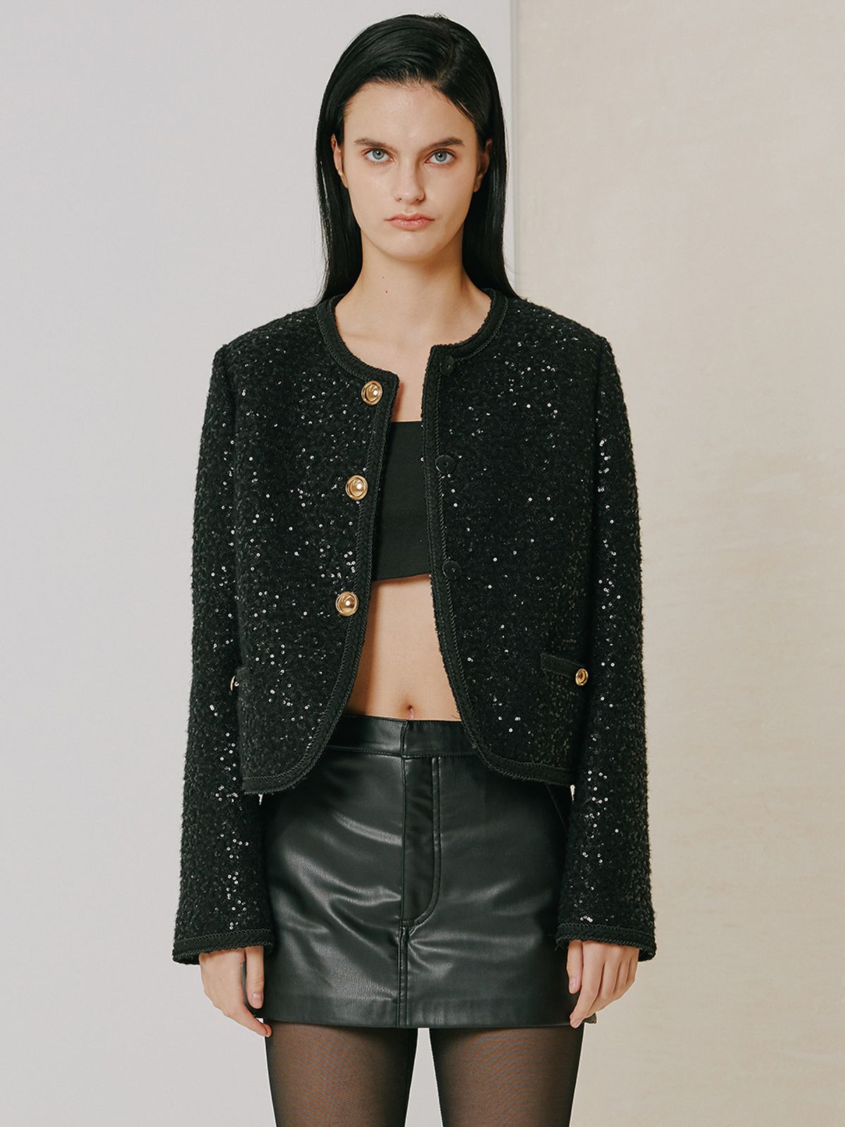 브이엔와이스튜디오(VNYSTUDIO) Glitter spangle no-collar jacket_YZAJKN6