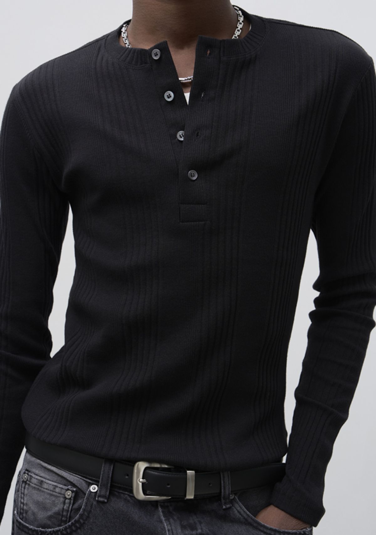세비지(SAVAGE) Slim Fit Henley Neck Jersey Long Sleeve - Black