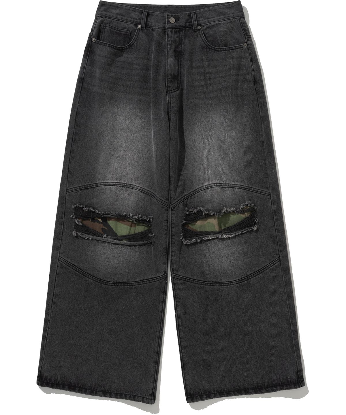 낫포너드(NOT4NERD) Camo Double Knee Flare Fit Denim Pants - Black