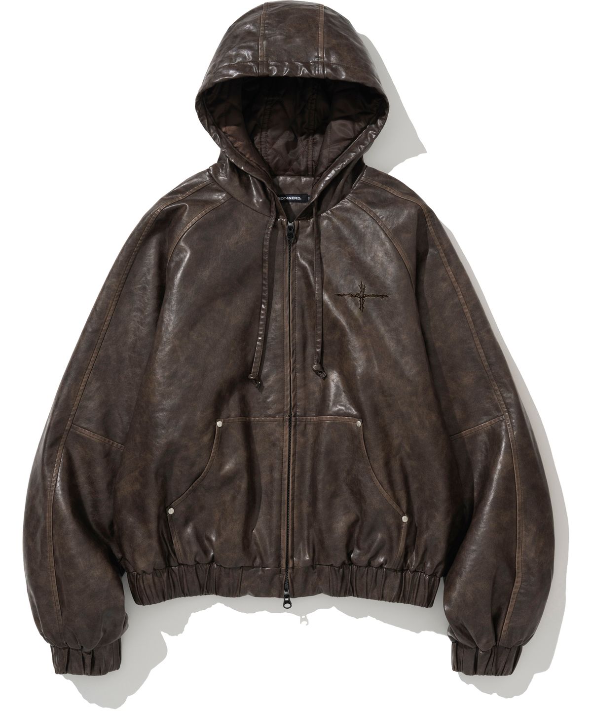 낫포너드(NOT4NERD) Crop Leather Vintage Hooded Jacket - Brown