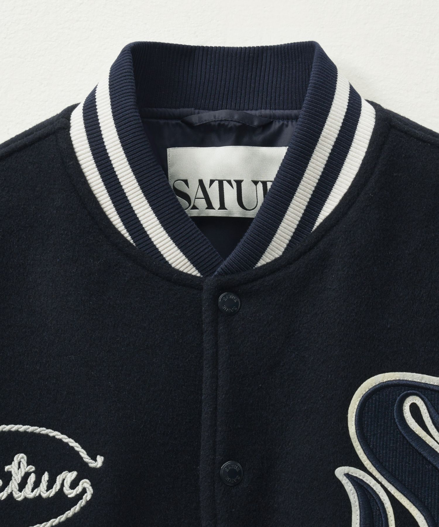 【SATUR】S Applique Wool Varsity Jacket R4949 MUSINSA | SATUR S Applique Wool Varsity Jacket Navy