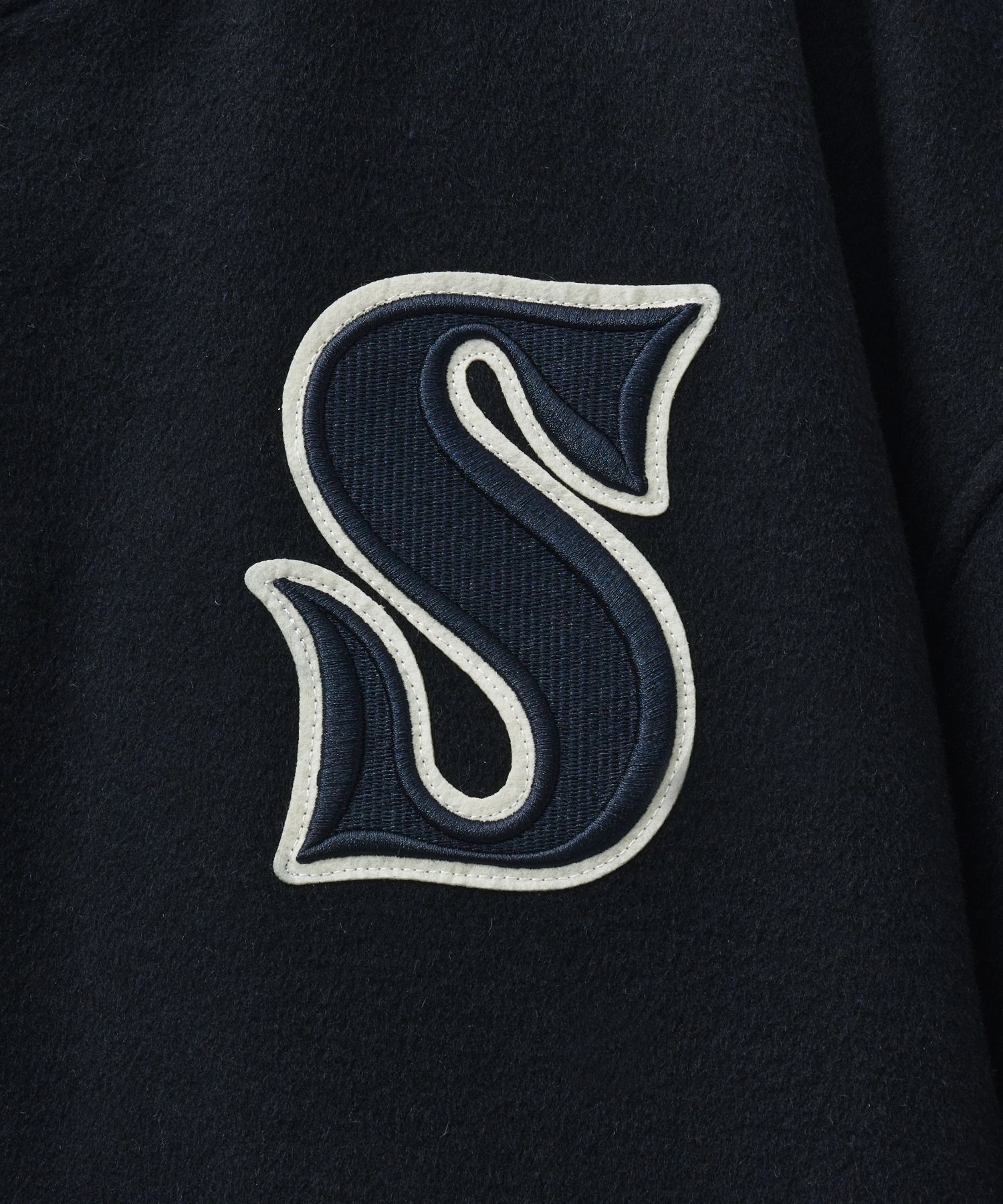 MUSINSA | SATUR S Applique Wool Varsity Jacket Navy