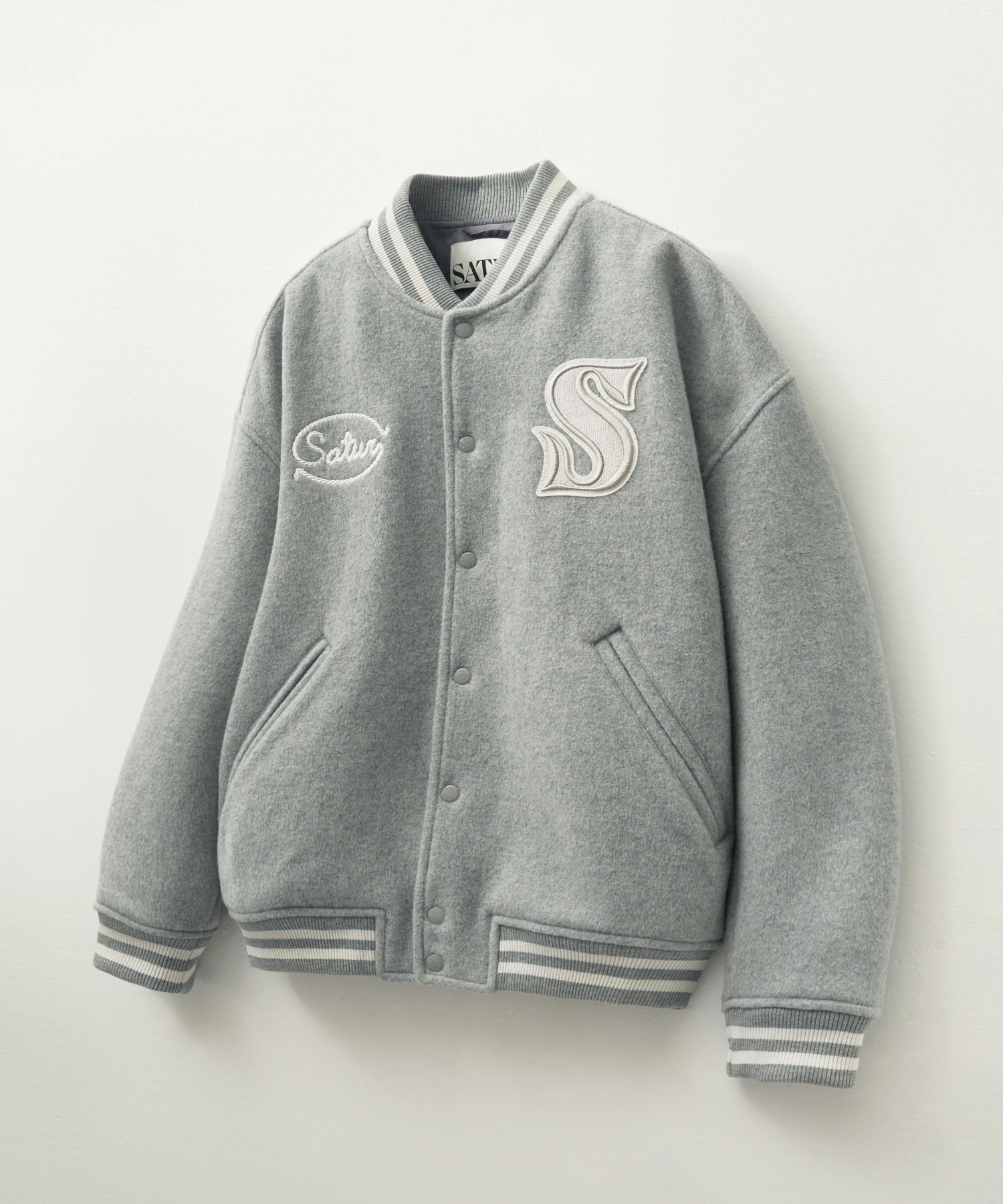 MUSINSA | SATUR S Applique Wool Varsity Jacket Grey