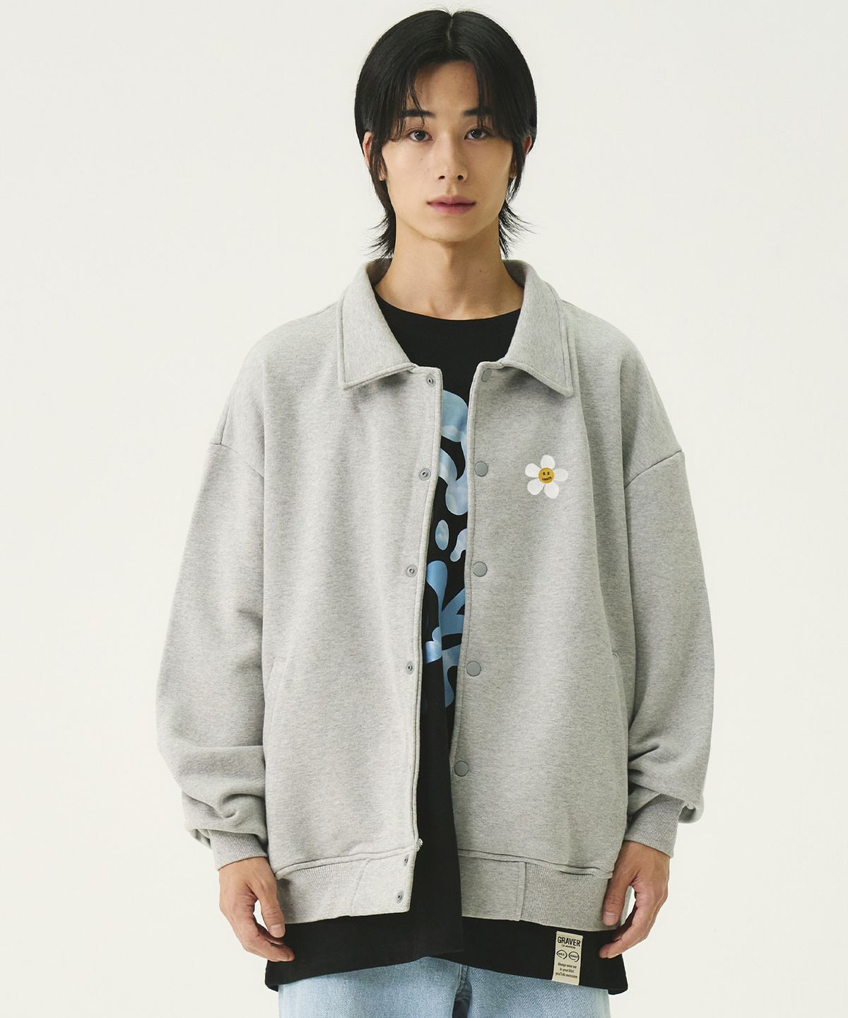 그레이버(GRAVER) [UNISEX]플라워도트 자수 스타디움 바시티 자켓_그레이