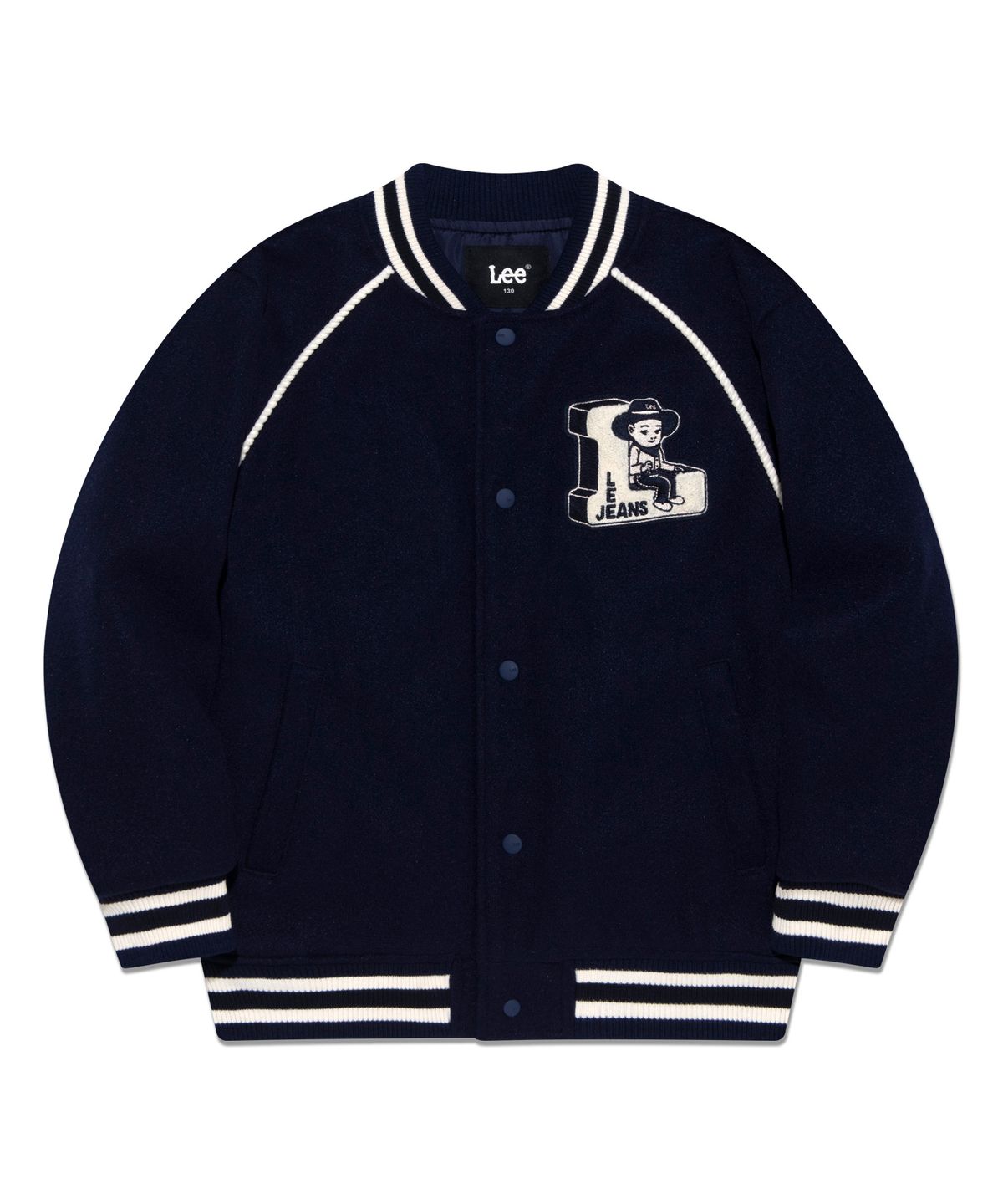 리 키즈(LEE KIDS) 버디리 와펜 모직 레귤러핏 바시티 패딩 점퍼 블루 LK2404JU40BL