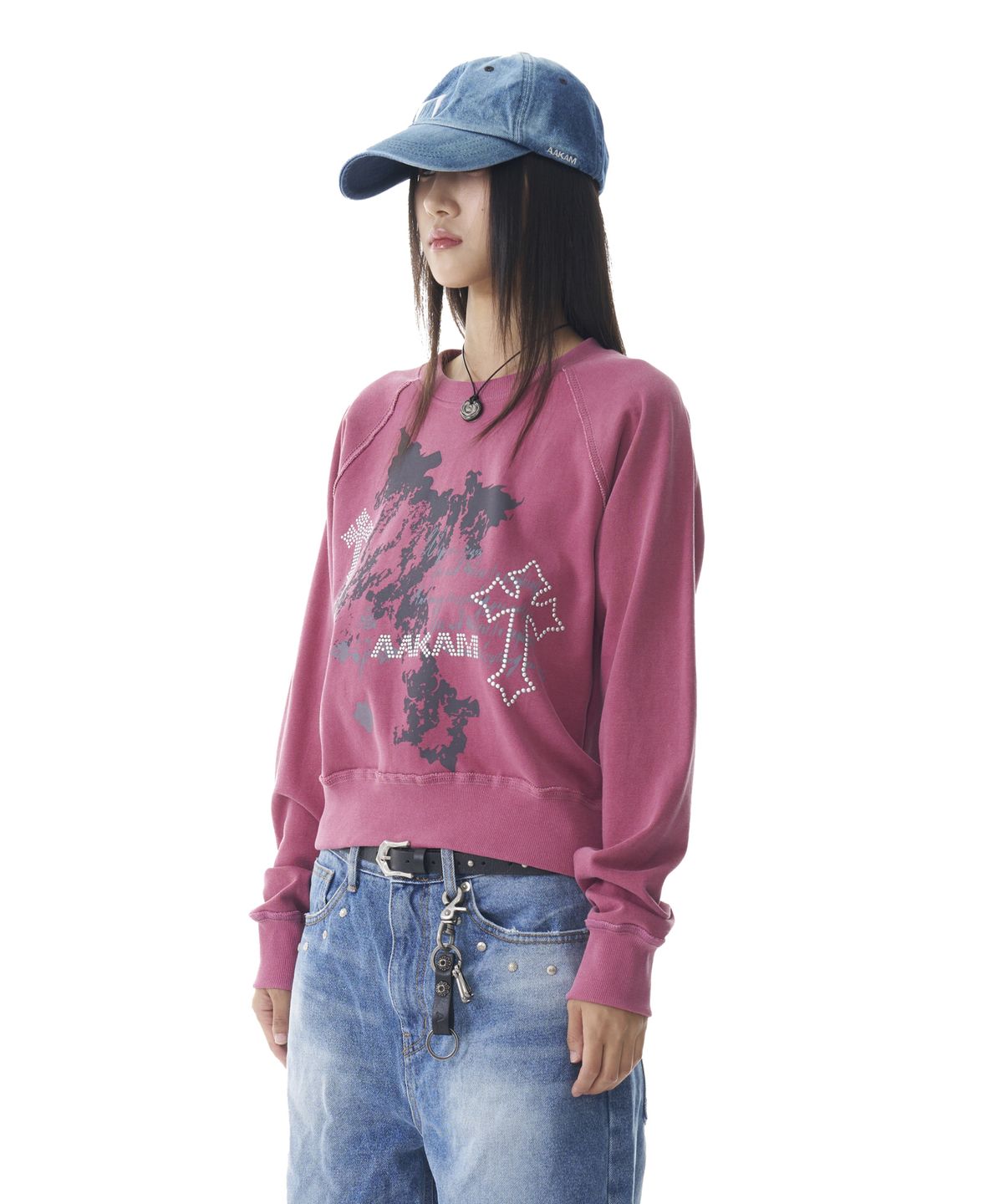 아캄(AAKAM) Cross Studded Sweatshirts (Pink)