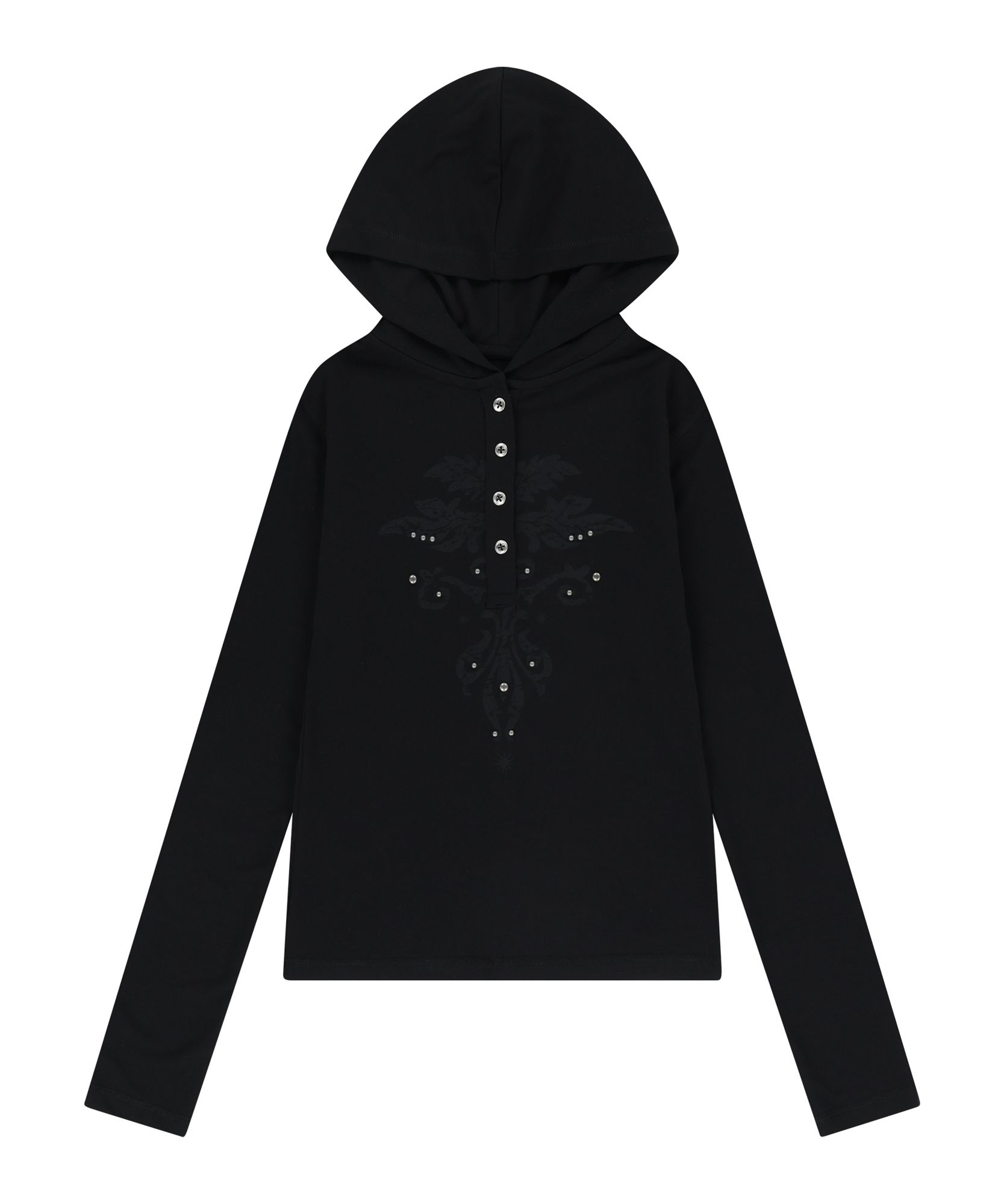 아캄(AAKAM) Studded Leaf Hooded Long Sleeve (Black) - 사이즈