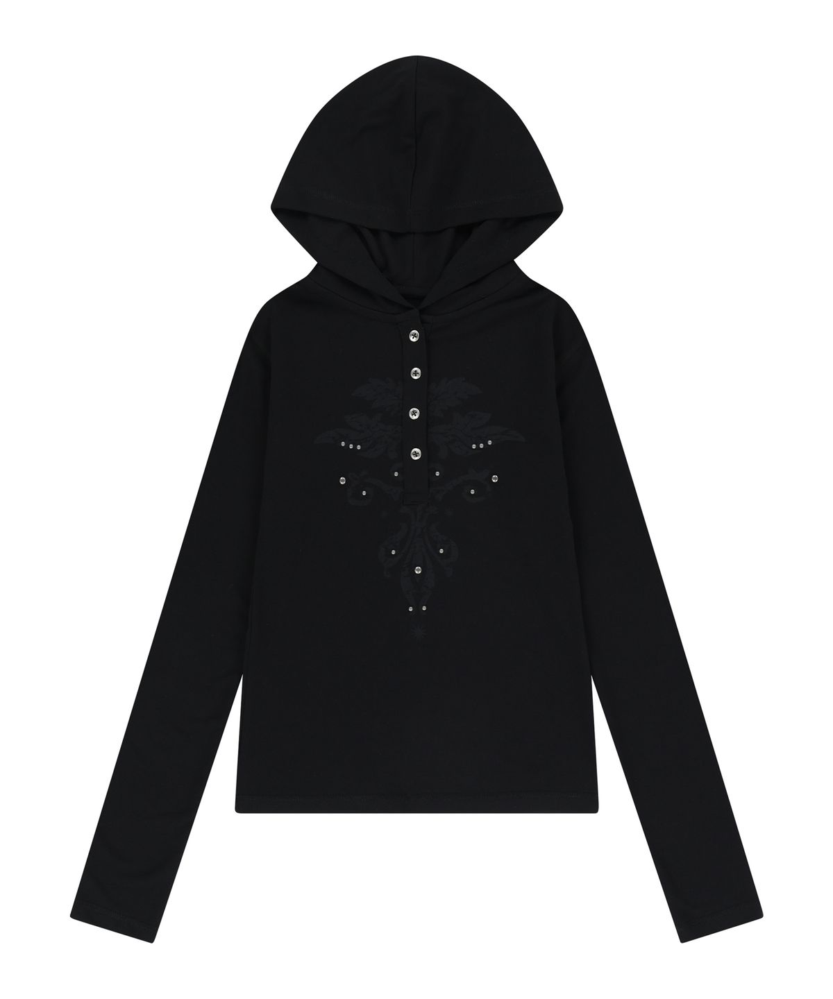 아캄(AAKAM) Studded Leaf Hooded Long Sleeve (Black)
