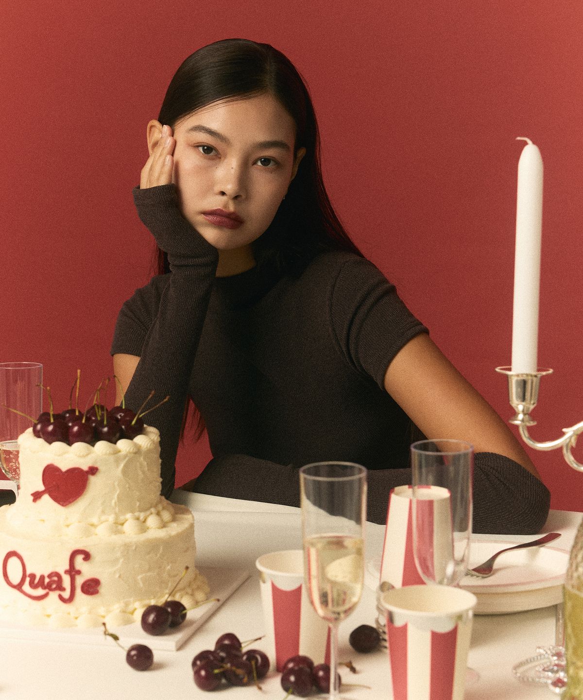 꾸아페(QUAFE) KNIT ONEPIECE & WARMER SET_brown