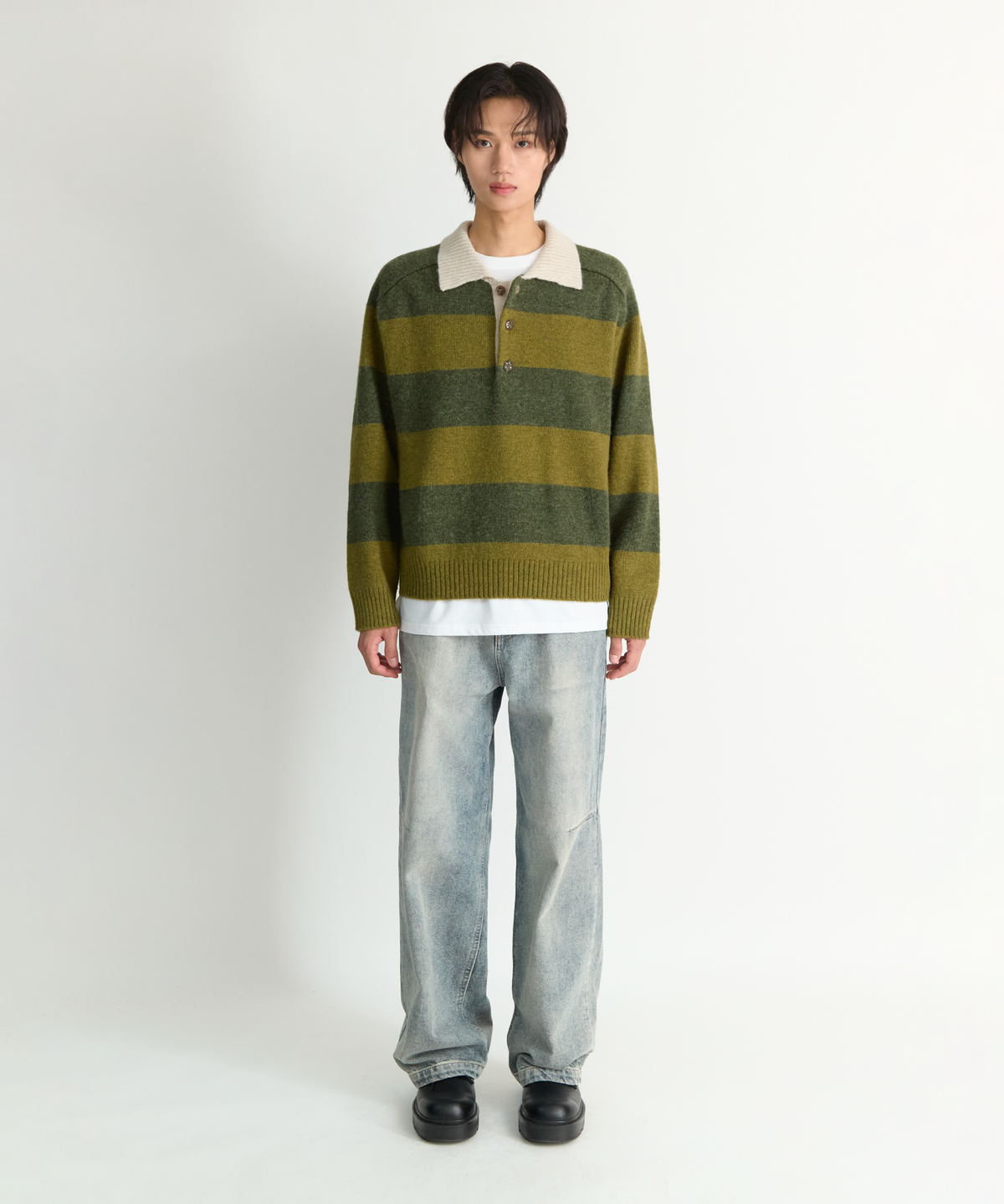 넌블랭크(NONBLANK) 스트라이프 울 칼라 니트_KHAKI
