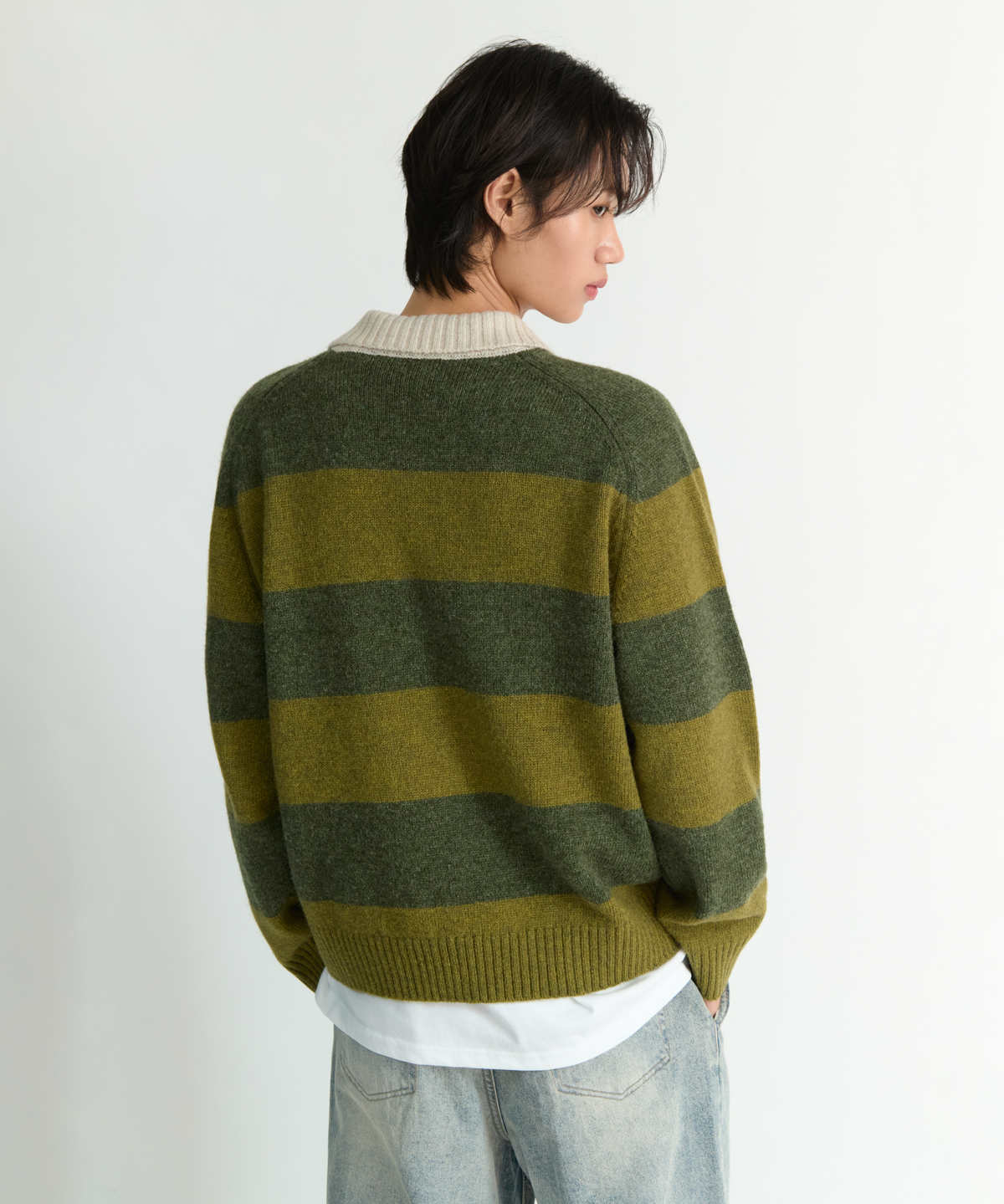 넌블랭크(NONBLANK) 스트라이프 울 칼라 니트_KHAKI