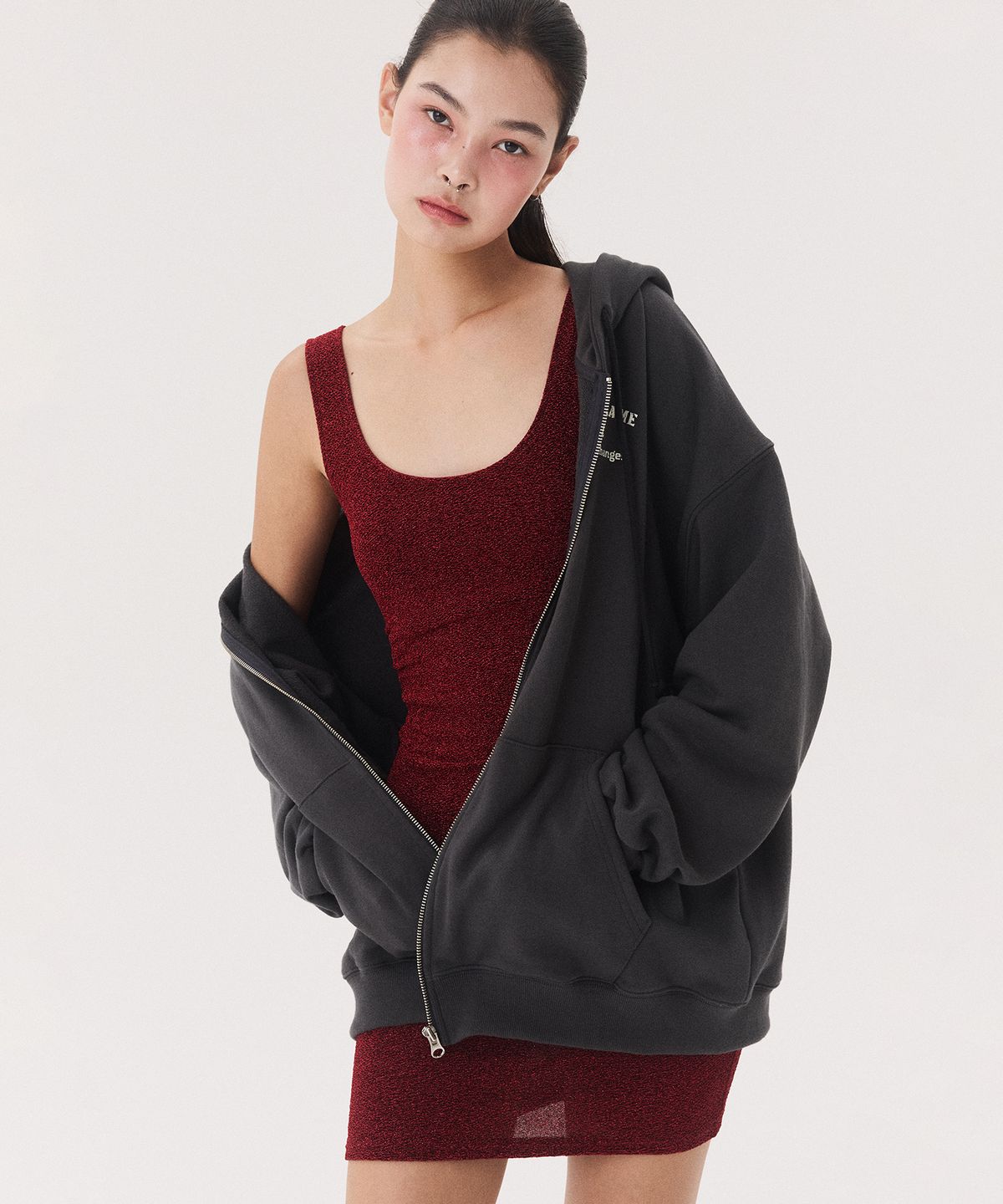 꾸아페(QUAFE) OVER FIT ARROW HOODY ZIP UP_charcoal - 사이즈 & 후기 | 무신사