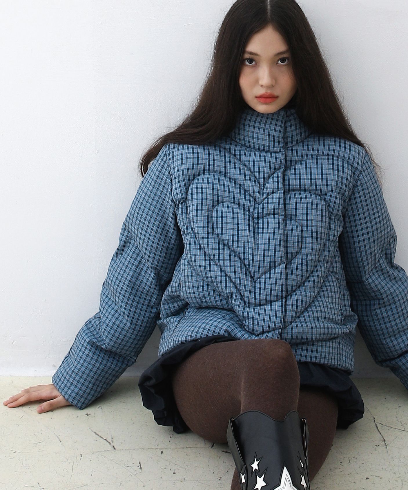 MUSINSA | BADBLUE Heart Puffer Jacket Check Blue