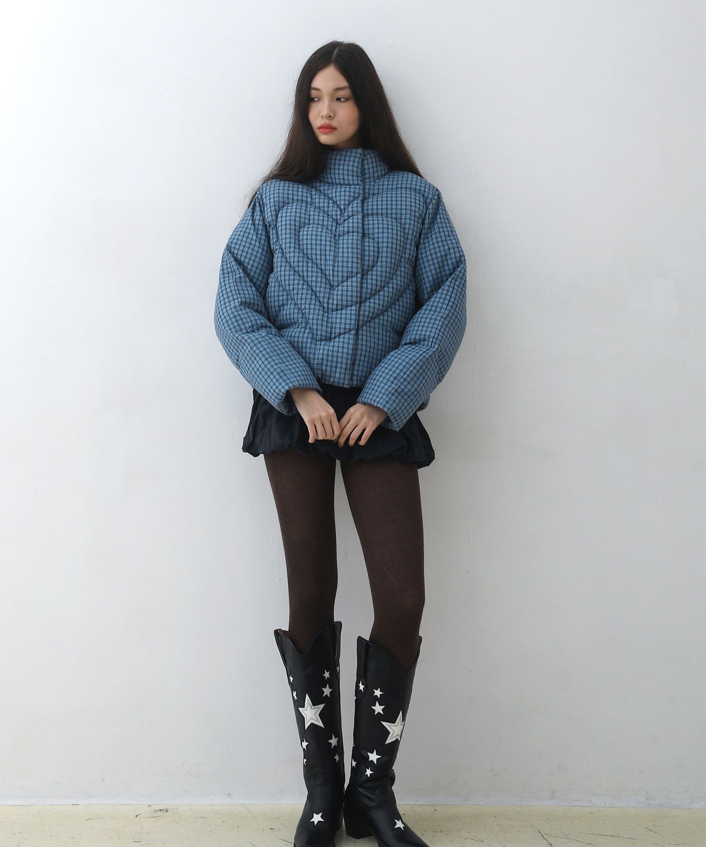 MUSINSA | BADBLUE Heart Puffer Jacket Check Blue
