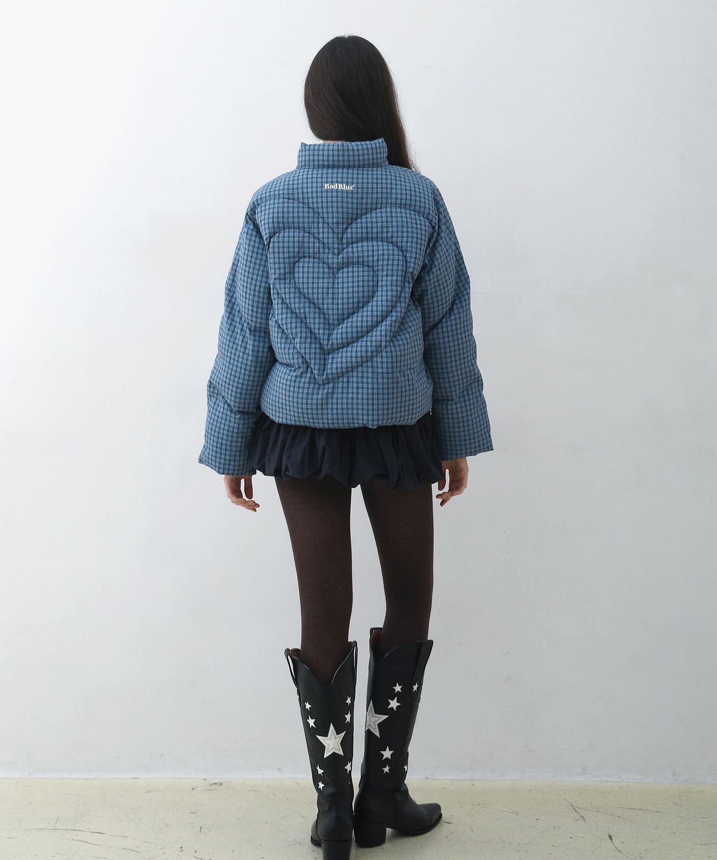 MUSINSA | BADBLUE Heart Puffer Jacket Check Blue
