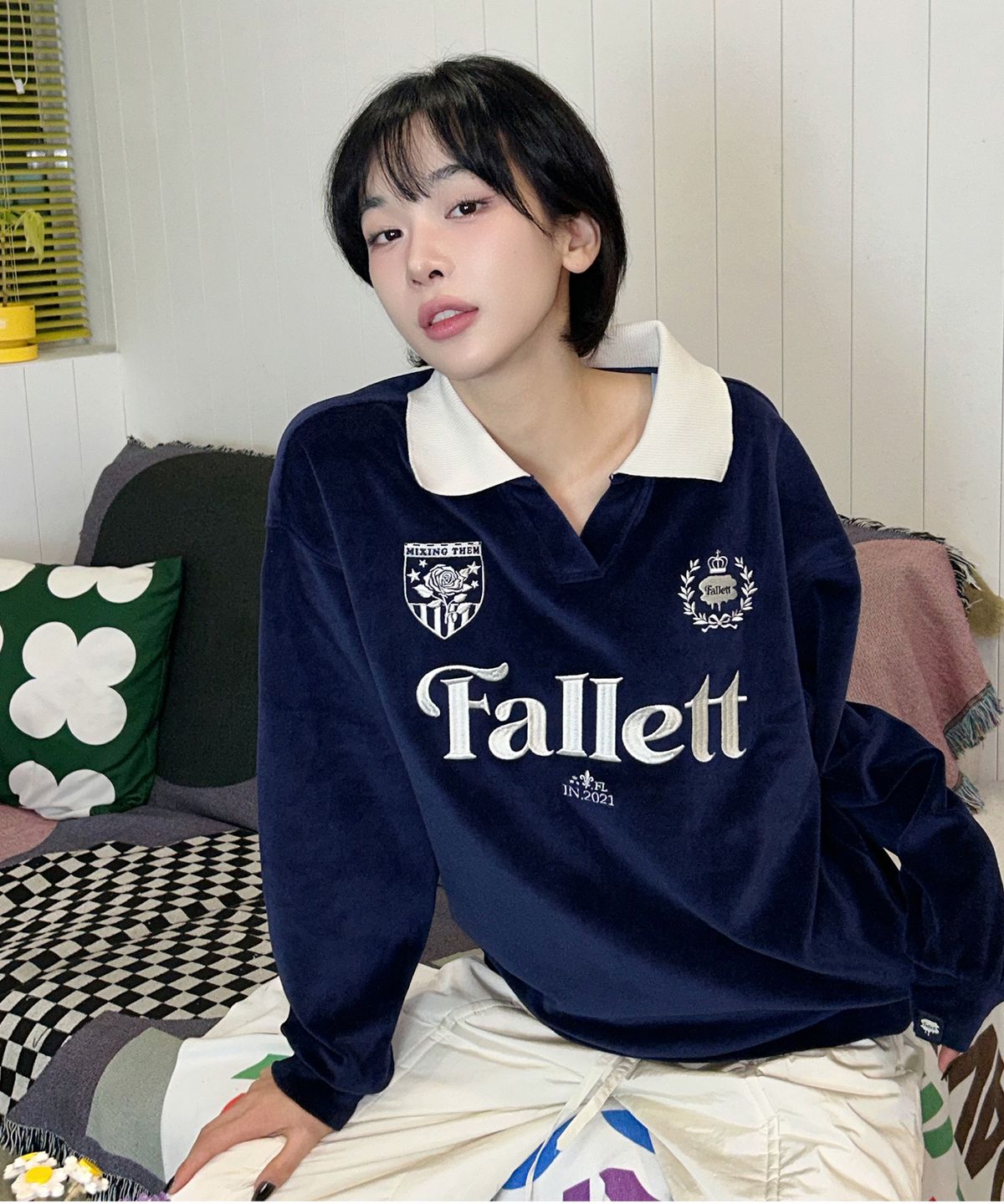 팔렛(FALLETT) 벨로아 카라 맨투맨 핑크