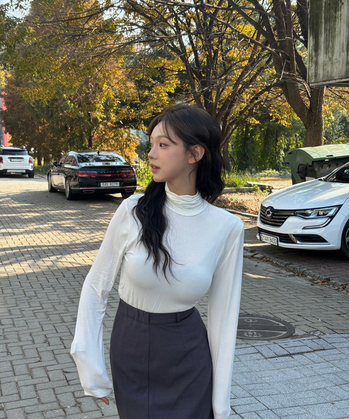 베이직하우스(BASIC HOUSE) 여성 터틀넥 스판 긴팔티셔츠 화이트