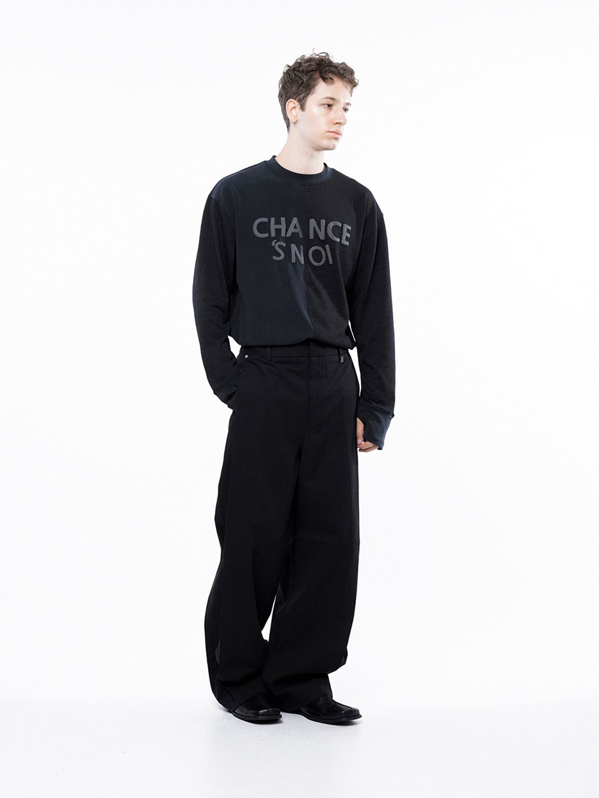 챈세스노이(CHANCE'S NOI) Side Tuck Wide Cotton Slacks - Black /M243PT04BK