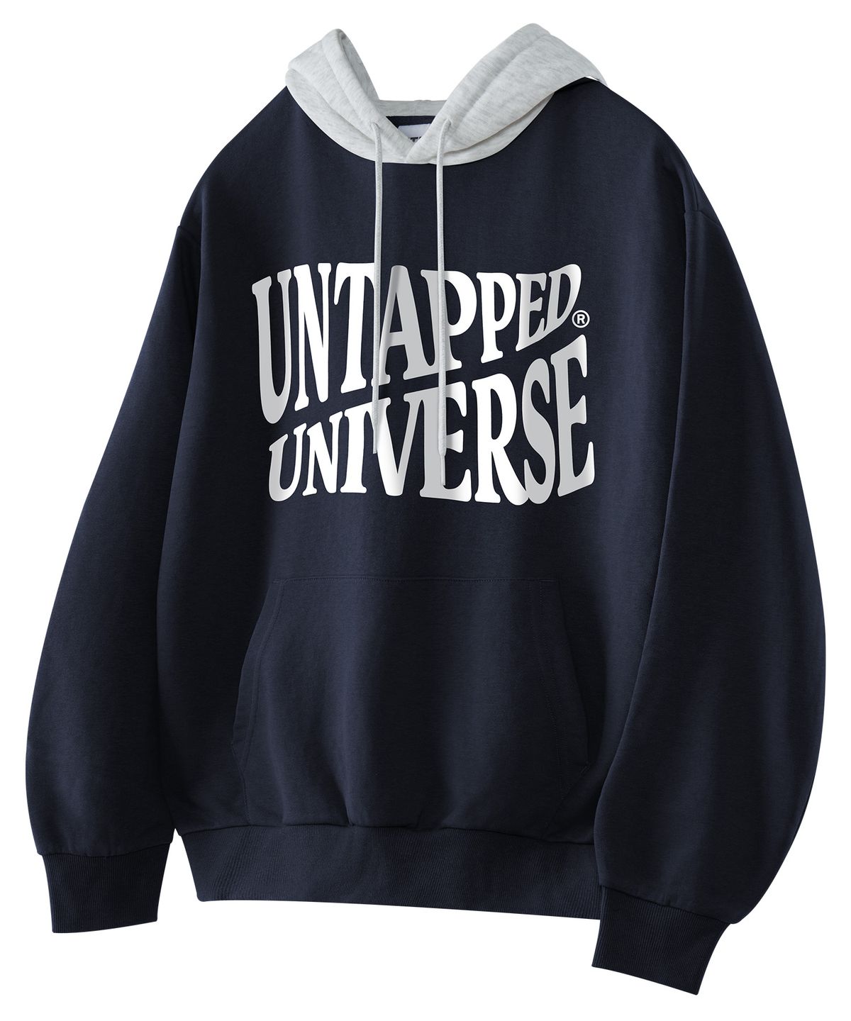 언탭트 스튜디오(UNTAPPED STUDIO) 유니버스 플래그 그래픽 오버핏 배색 후드 티셔츠 네이비