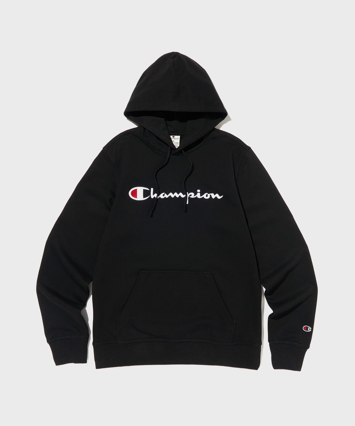 챔피온(CHAMPION) 빅 스크립트 로고 후드 티셔츠 Black