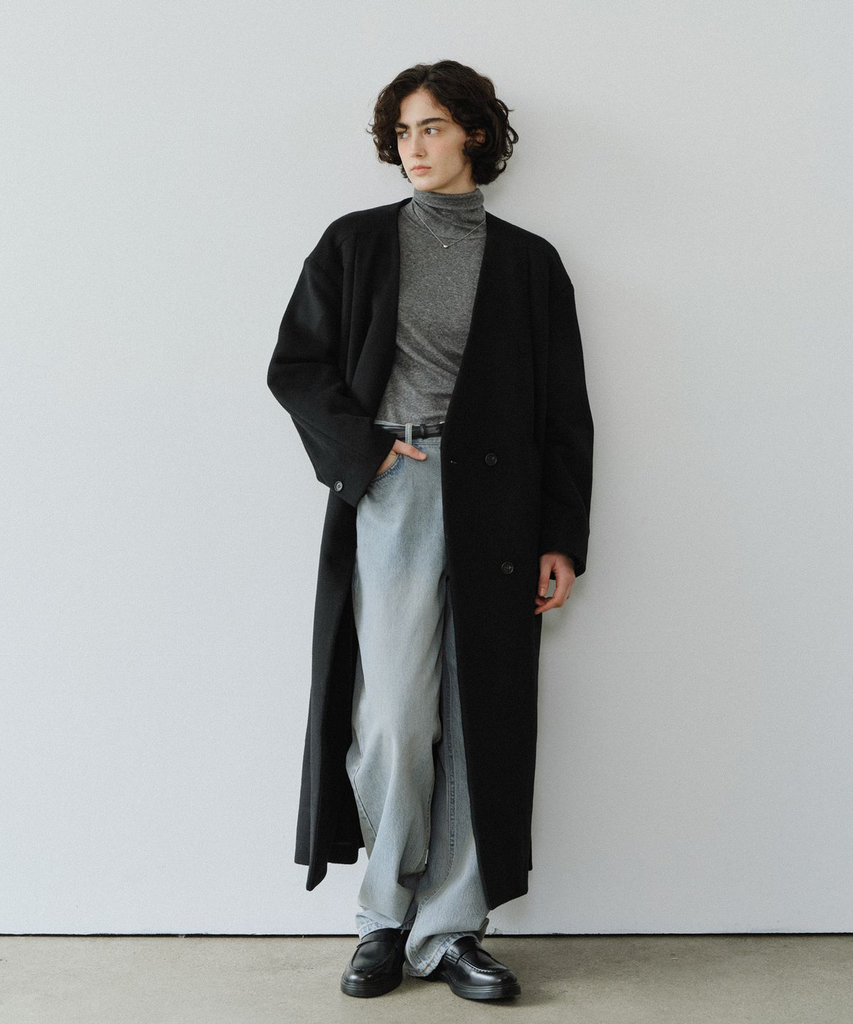 유라고(URAGO) Nocollar belted wool maxi coat