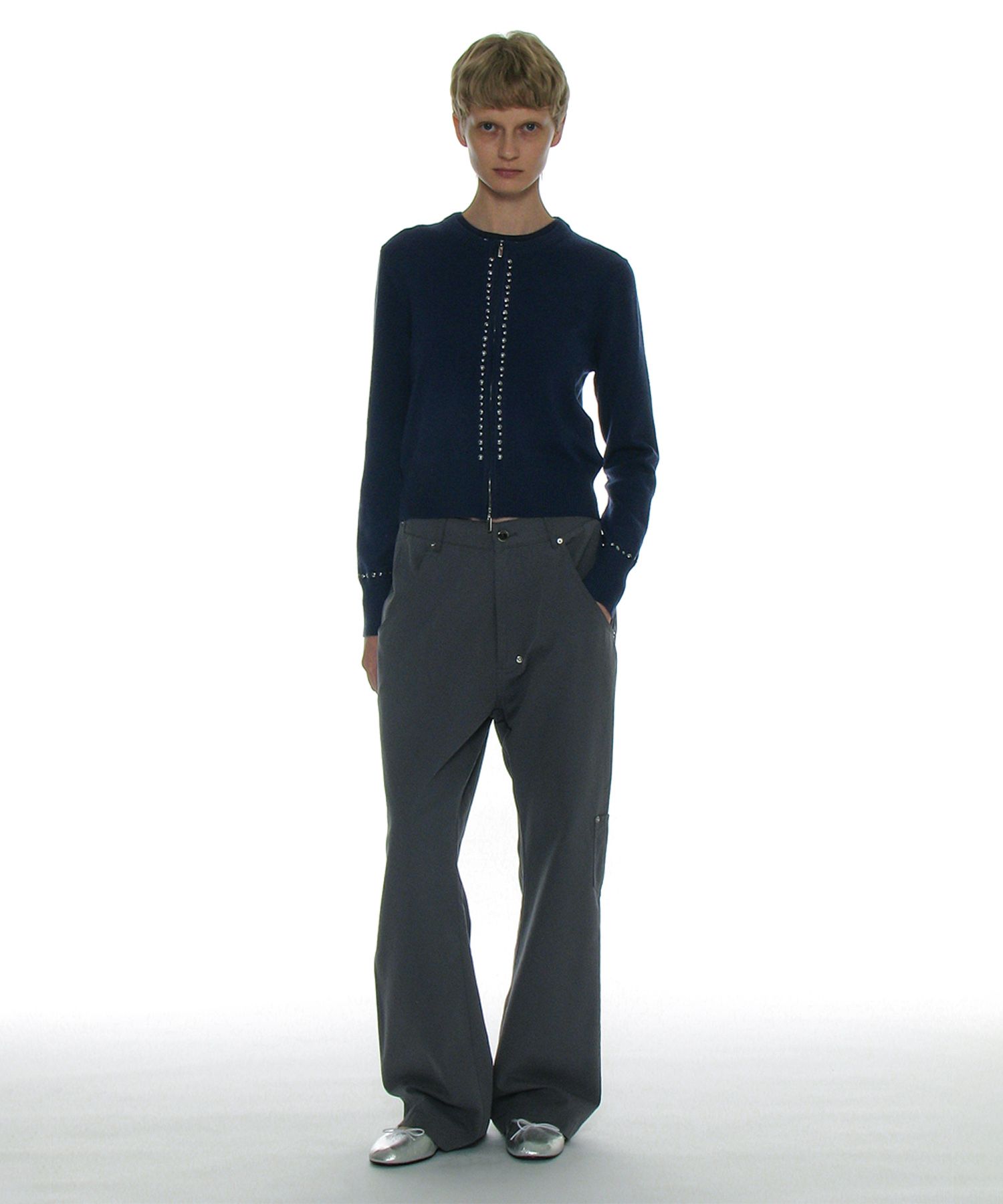 カーディガン PARTIMENTO Knit Zip-up Cardigan 5MM361 MUSINSA | PARTIMENTO WOMEN Studded Zip-up Knit Cardigan_Navy