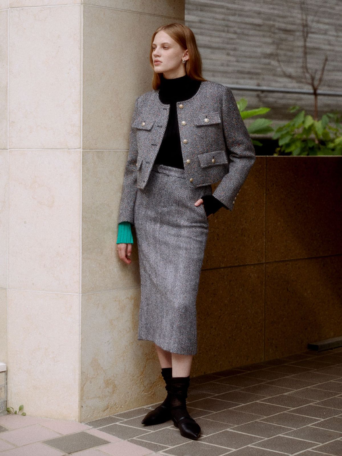 뮤제(MUSEE) SOPHIA Tweed Wool Long Skirt_Black