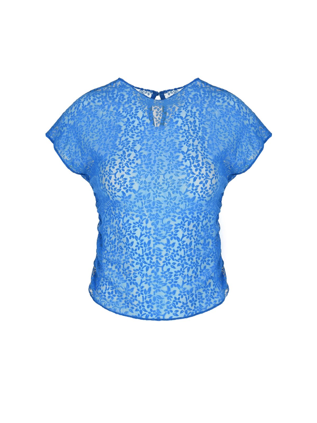 솔티페블(SALTY PEBBLE) FLOWER MESH SHIRRING TOP [BLUE]