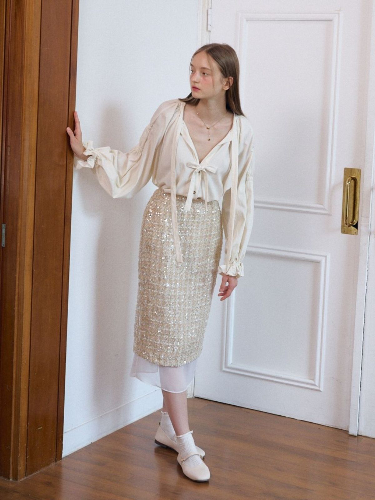패브릭서울(FABRICSEOUL) wool tweed spangle skirt_gold