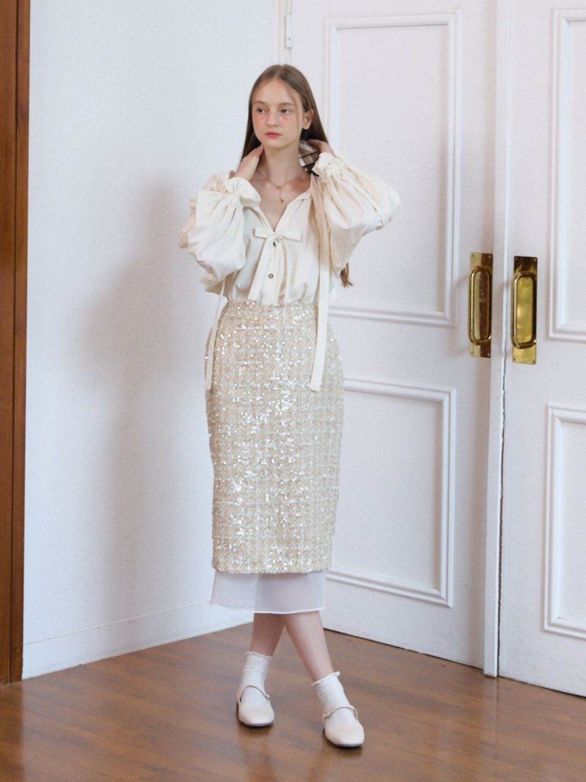 패브릭서울(FABRICSEOUL) wool tweed spangle skirt_gold