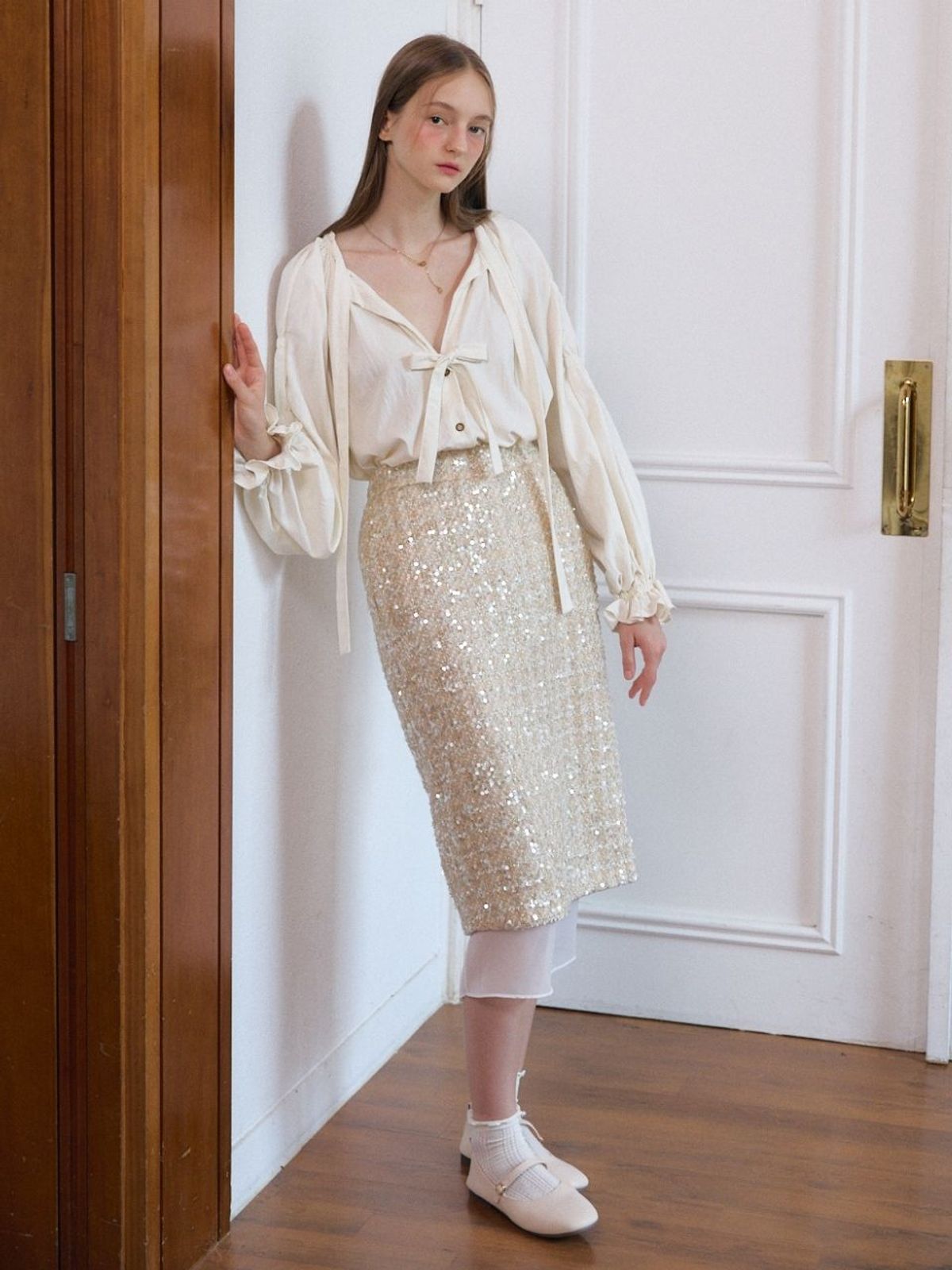 패브릭서울(FABRICSEOUL) wool tweed spangle skirt_gold