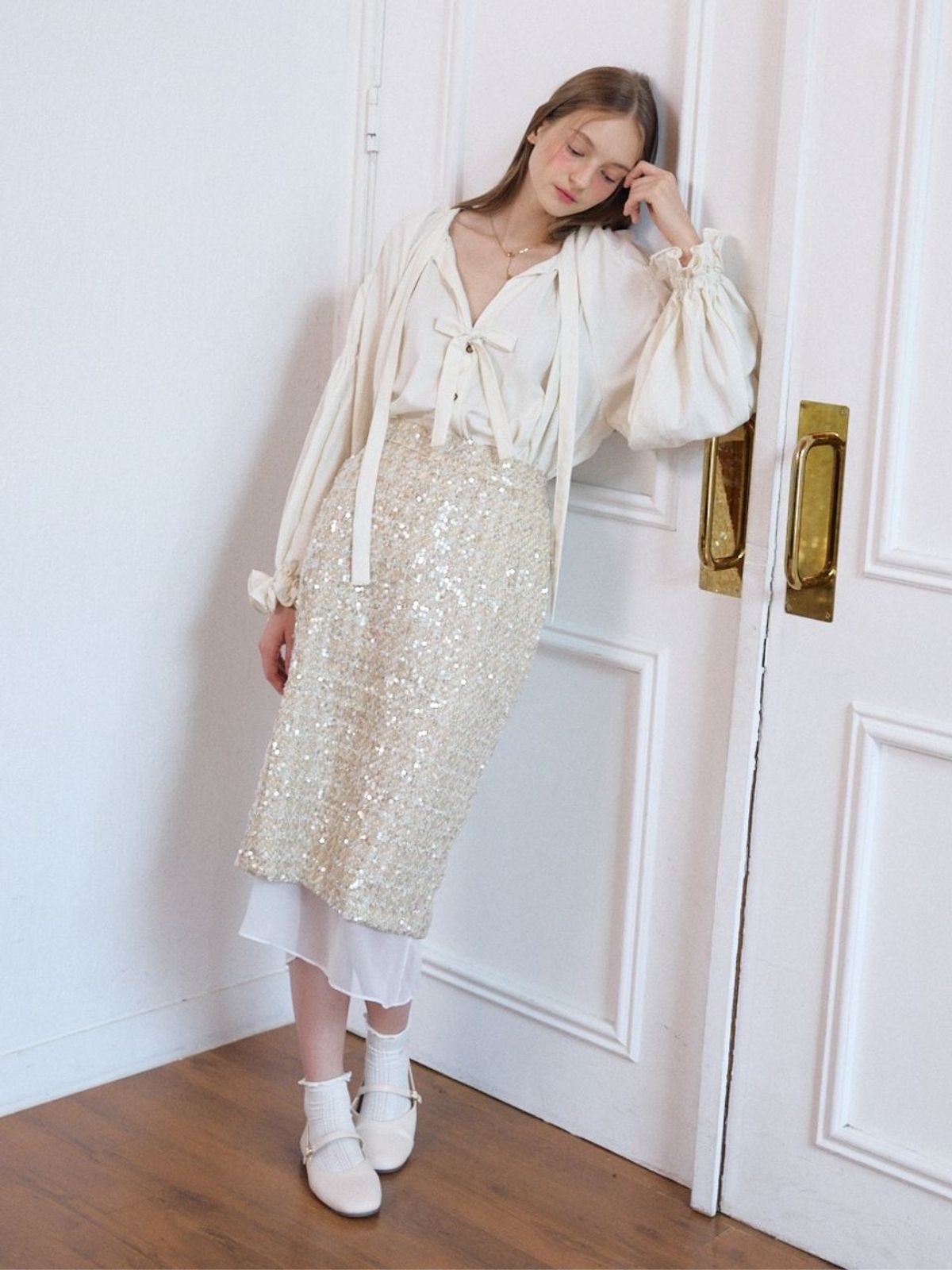 패브릭서울(FABRICSEOUL) wool tweed spangle skirt_gold