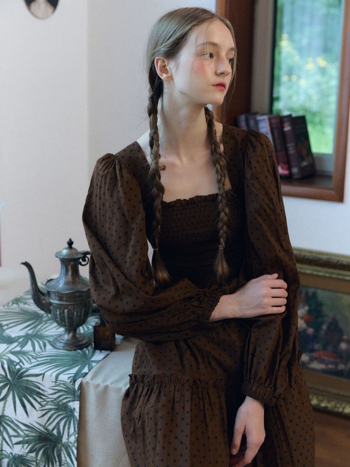 패브릭서울(FABRICSEOUL) dot smocking frill dress_brown