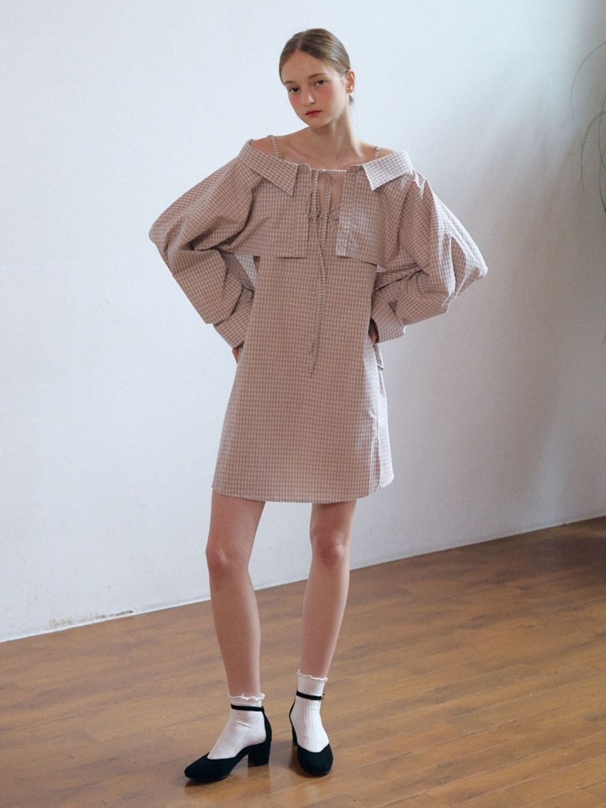 패브릭서울(FABRICSEOUL) sweet slip frill mini dress_beige check
